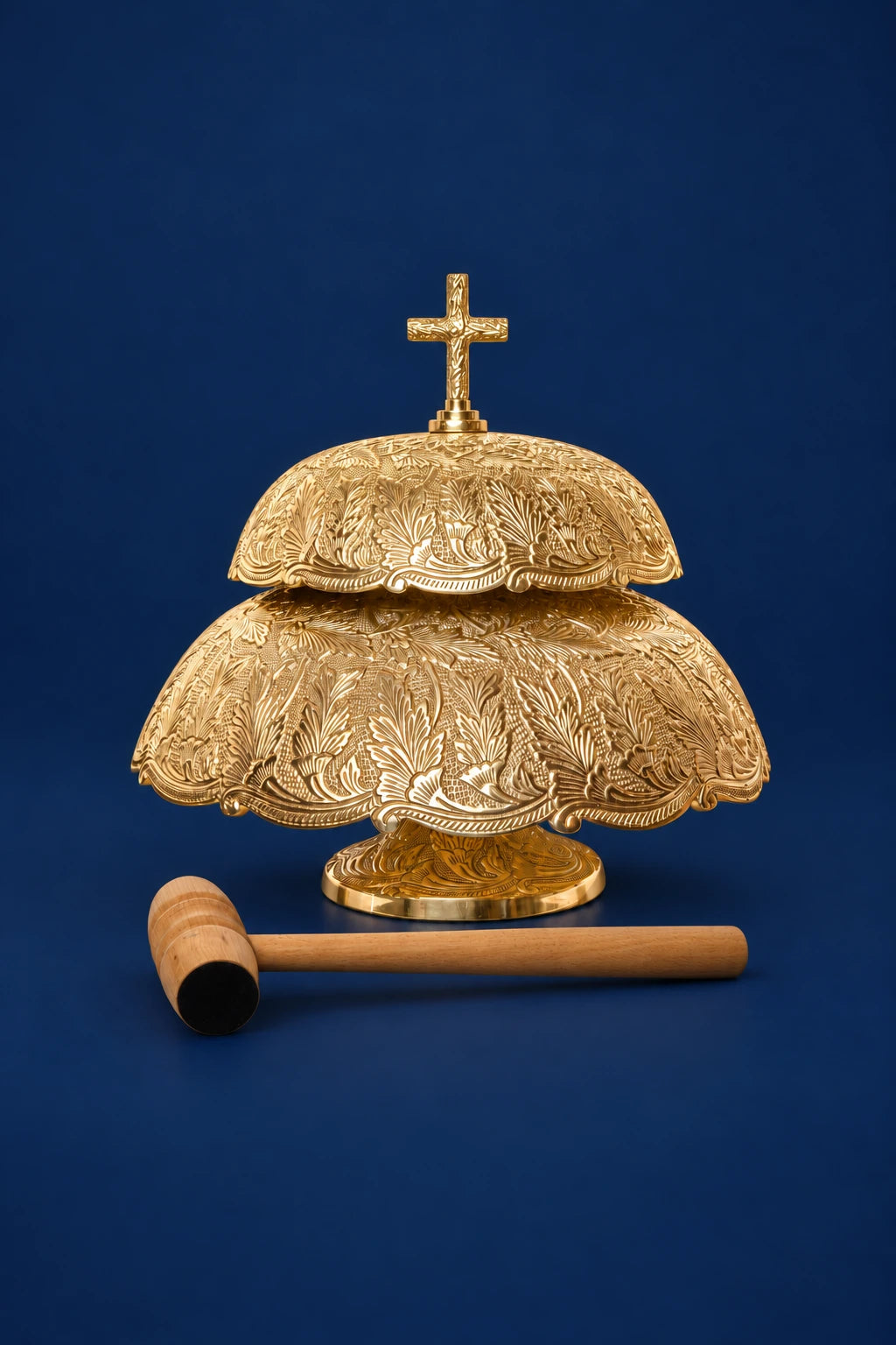 Brass Altar Bells with Wooden Mallet, front view with floral engraving and cross finial