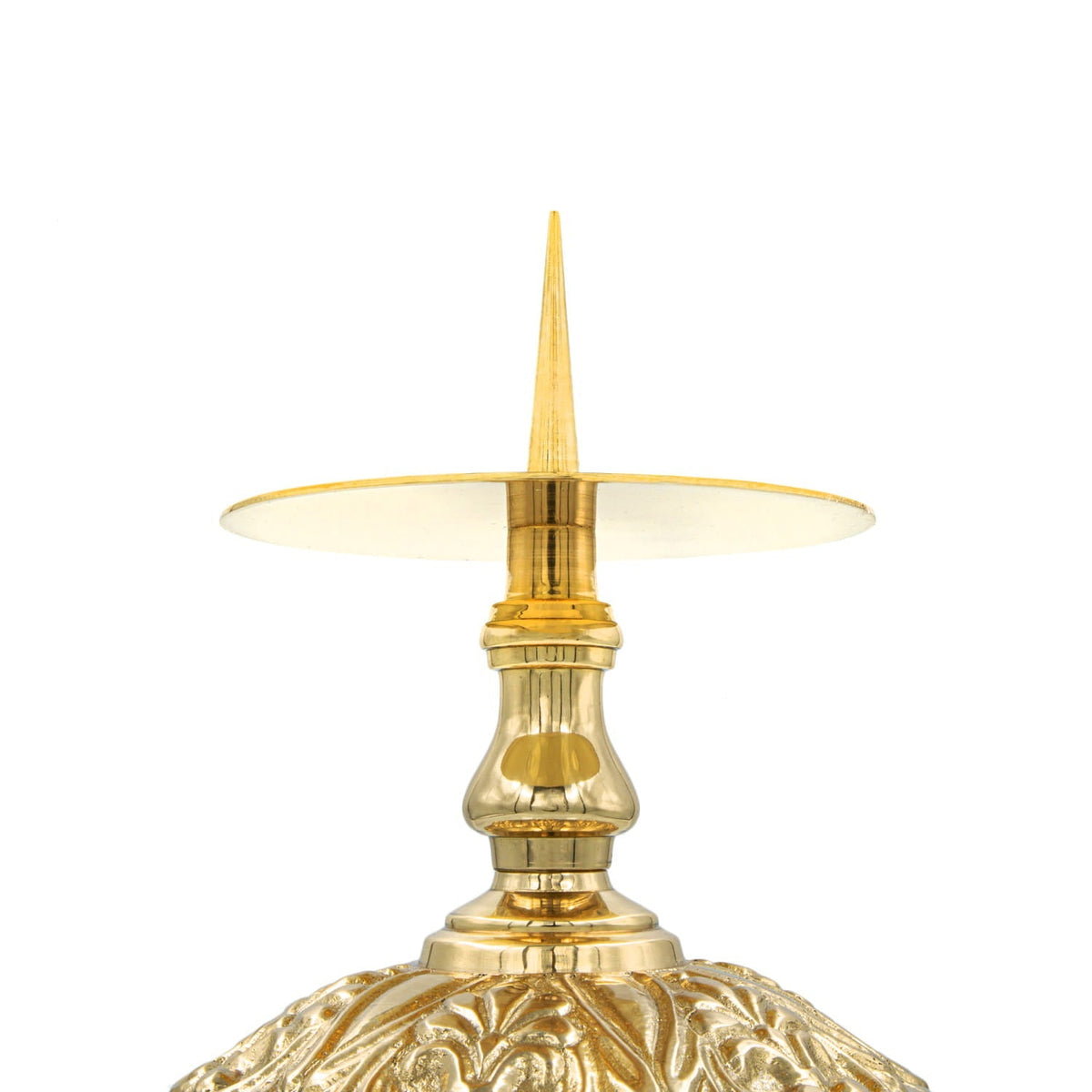 Brass candlestick, close-up front view showing tapered spike, drip tray and embossed base