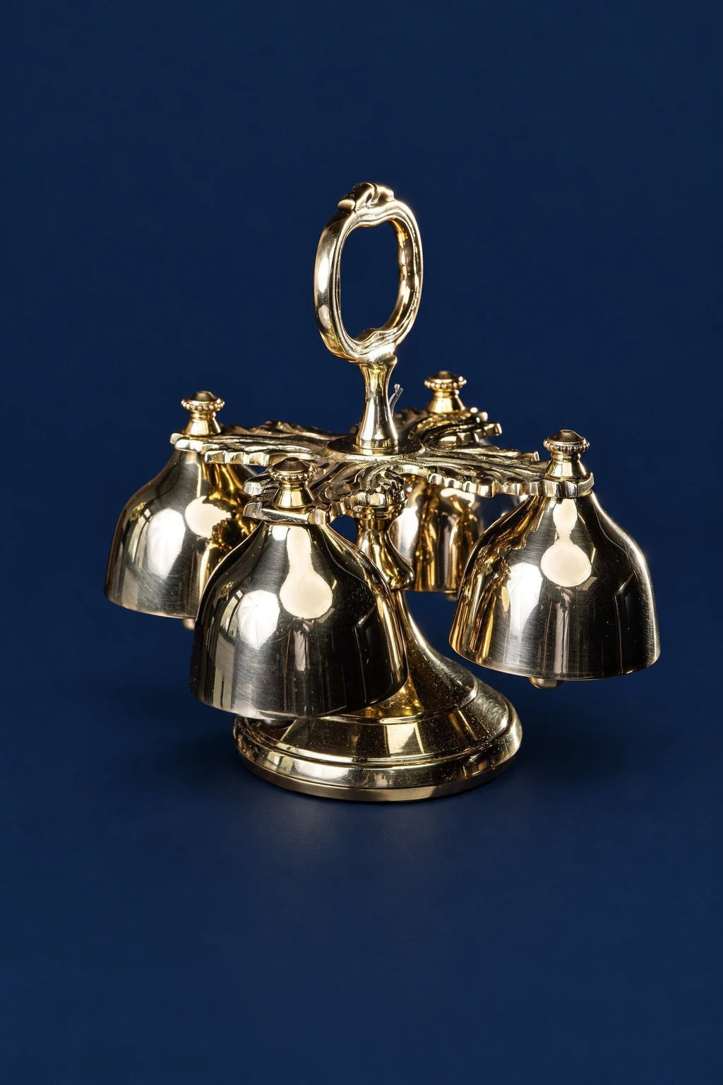 Brass Sanctus Bells with Decorative Handle, 6.75 in (17 cm), front view in gold brass