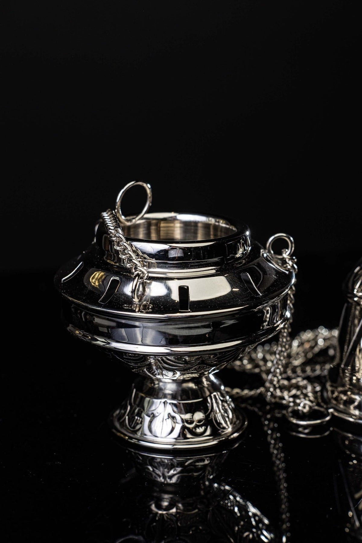 Nickel-plated brass thurible close-up of decorative bowl and pedestal base