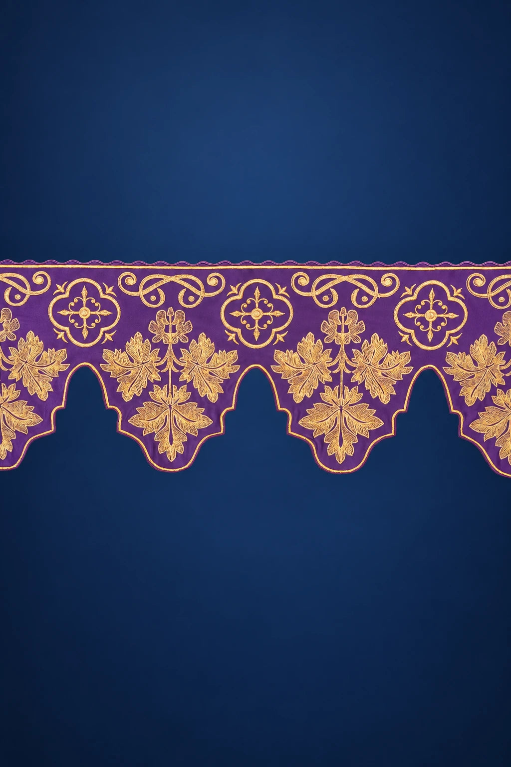 Purple altar lace trim with gold cross and floral embroidery on the front edge