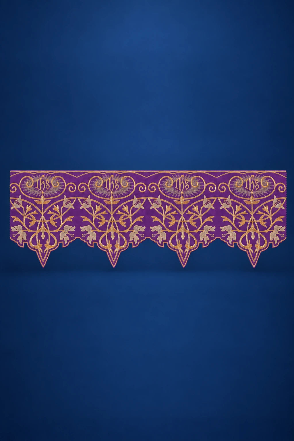 Purple altar lace trim with IHS monogram and ornate floral scrollwork, straight across