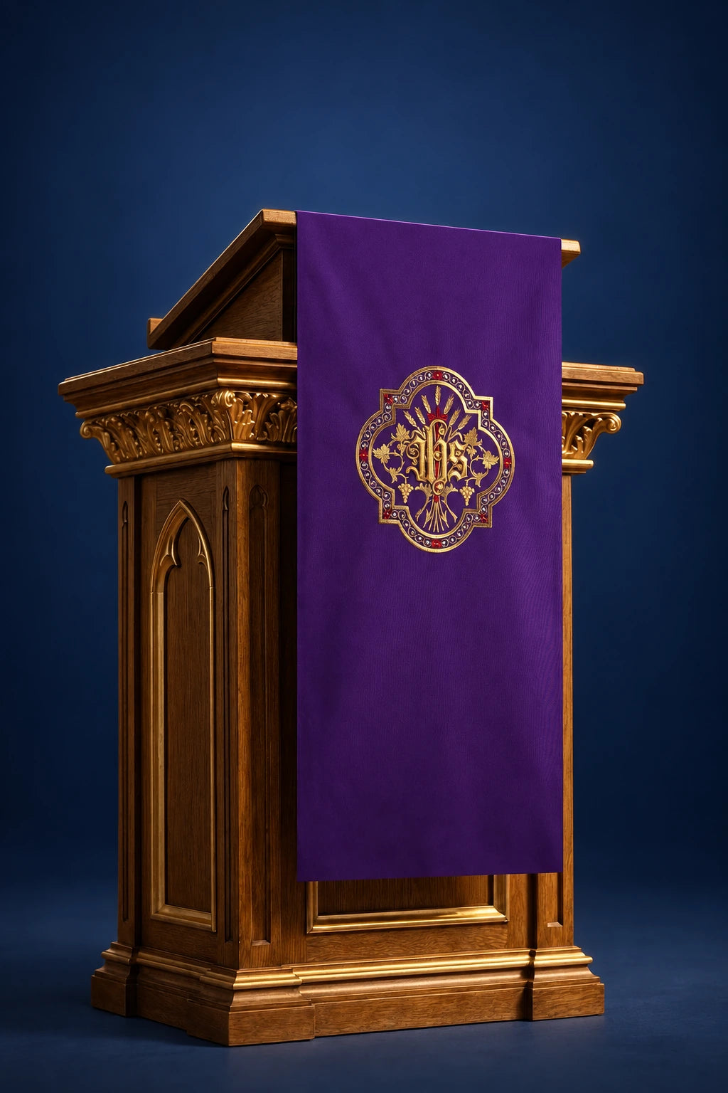 Purple lectern cover hanging over the front, with embroidered gold IHS medallion detail