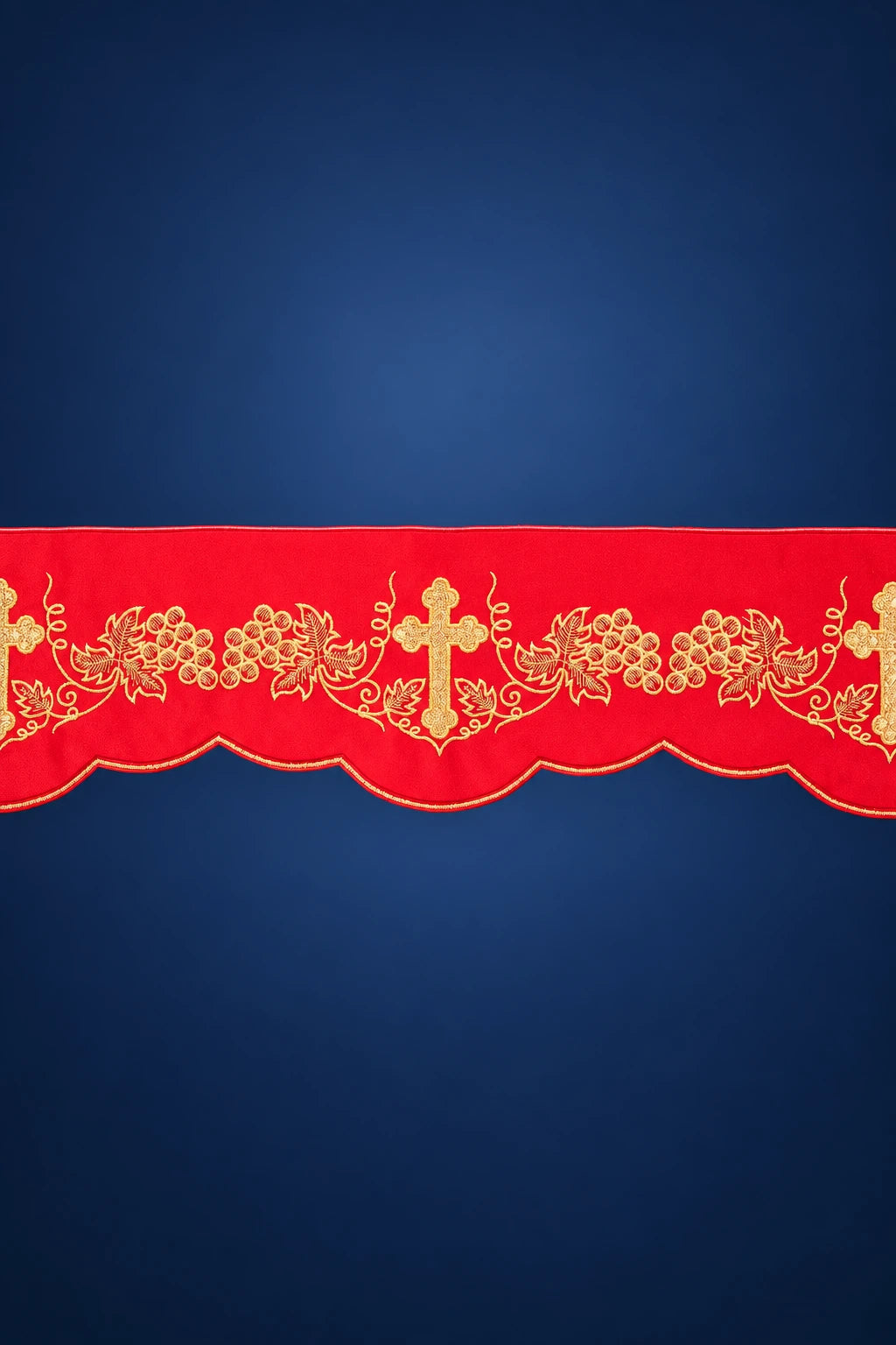 Red altar lace trim with gold cross and grape embroidery, scalloped edge, shown straight on