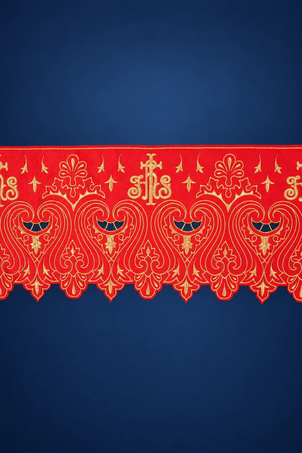 Red altar lace trim with IHS embroidery and ornate scalloped floral pattern