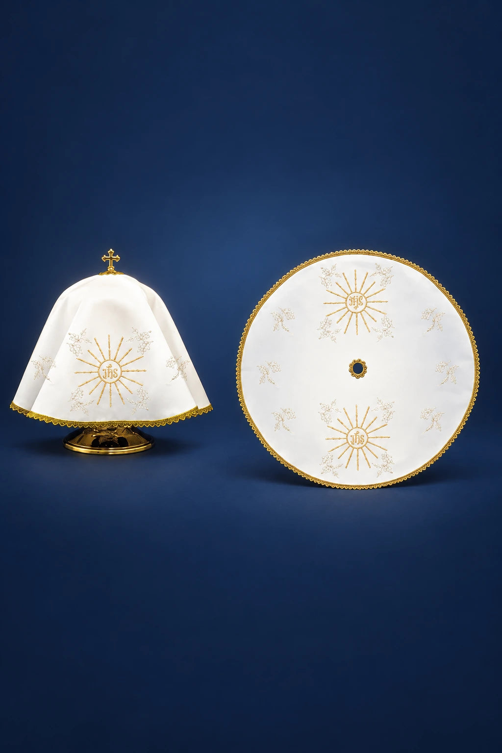 Round white ciborium veil with gold IHS embroidery and gold trim, shown draped and laid flat with top detail.