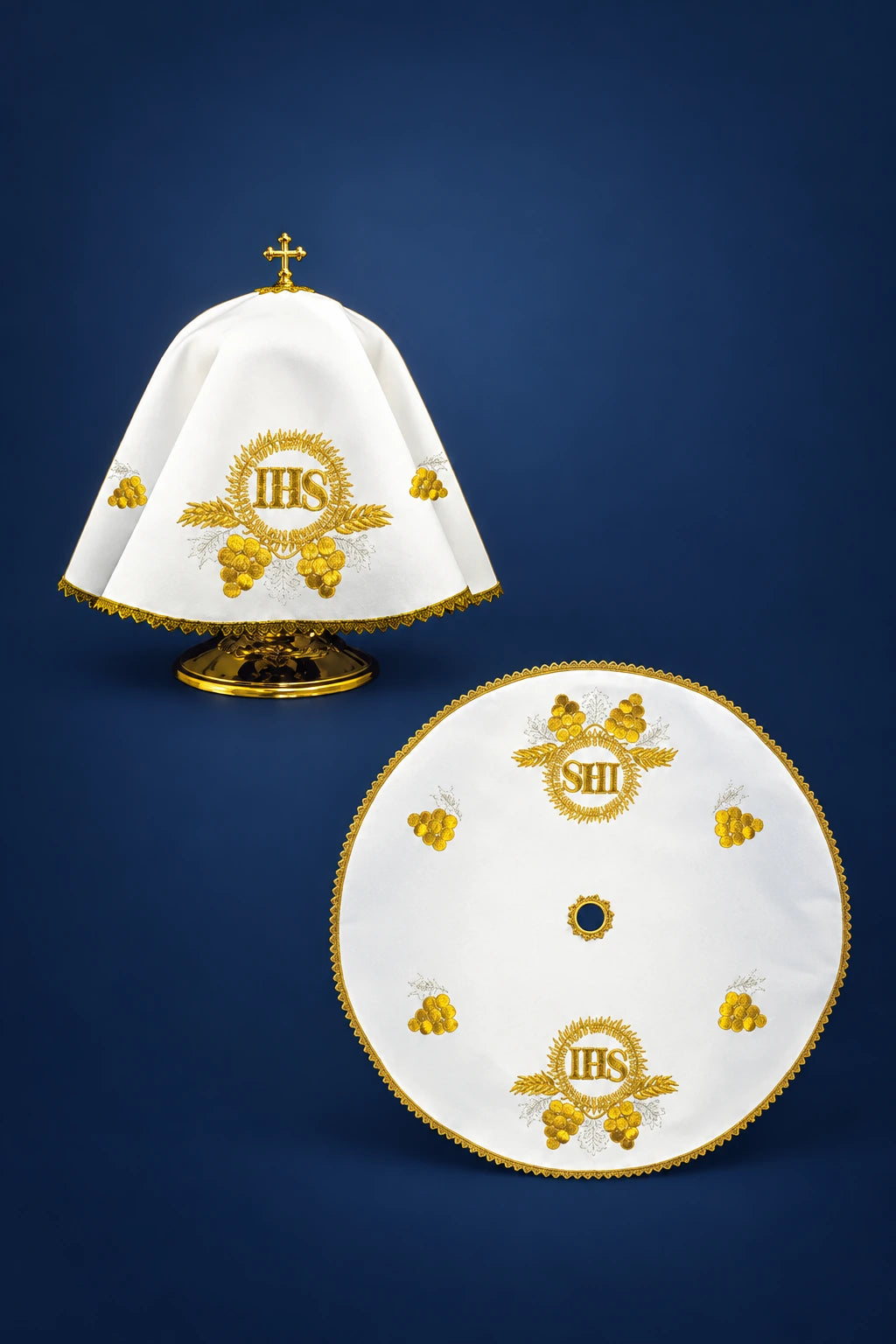 Round white ciborium veil with gold IHS embroidery and fringe, shown draped over the ciborium and laid flat