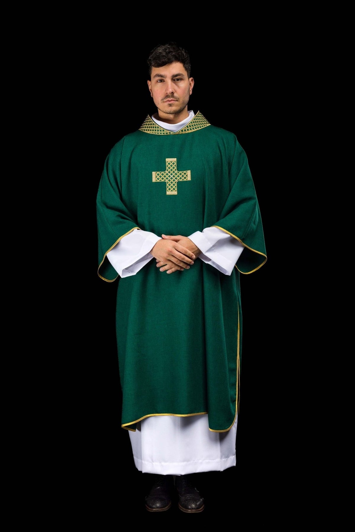 Green dalmatic front view with gold embroidery and cross