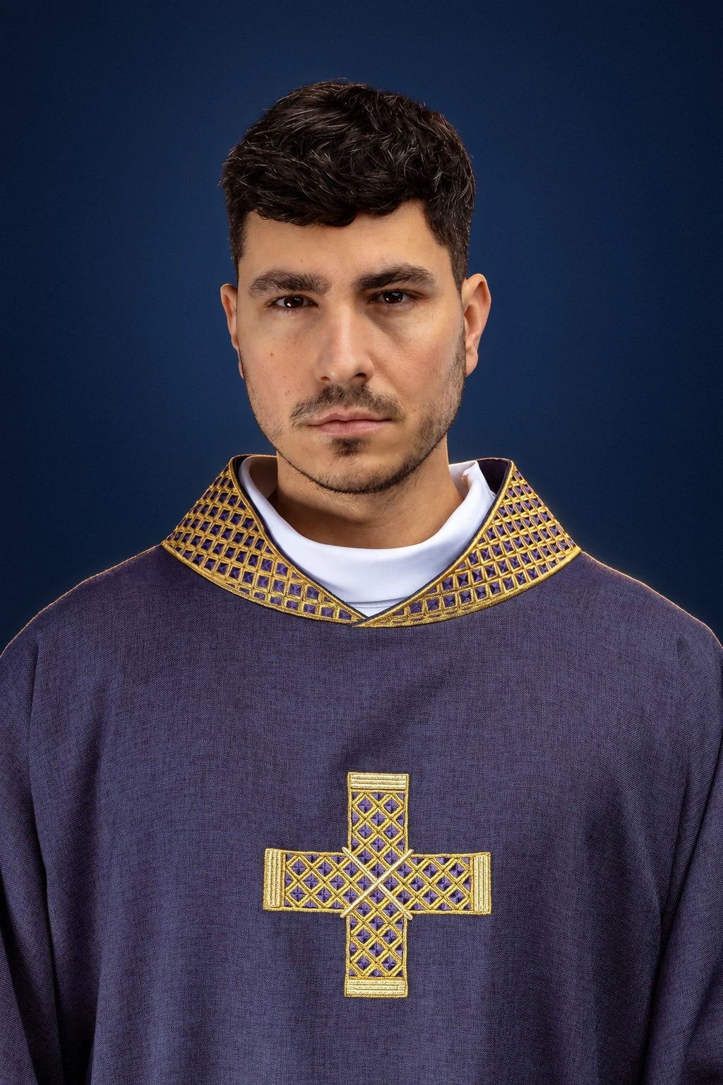Purple Dalmatic with Embroidered Gold Crosses and Collar, front close-up