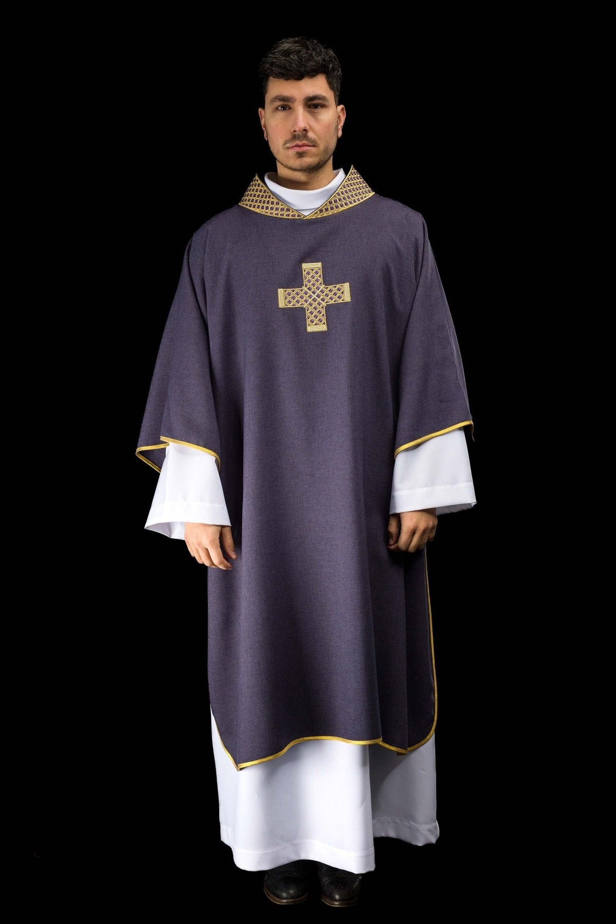 Purple dalmatic front view with gold cross and embroidered collar