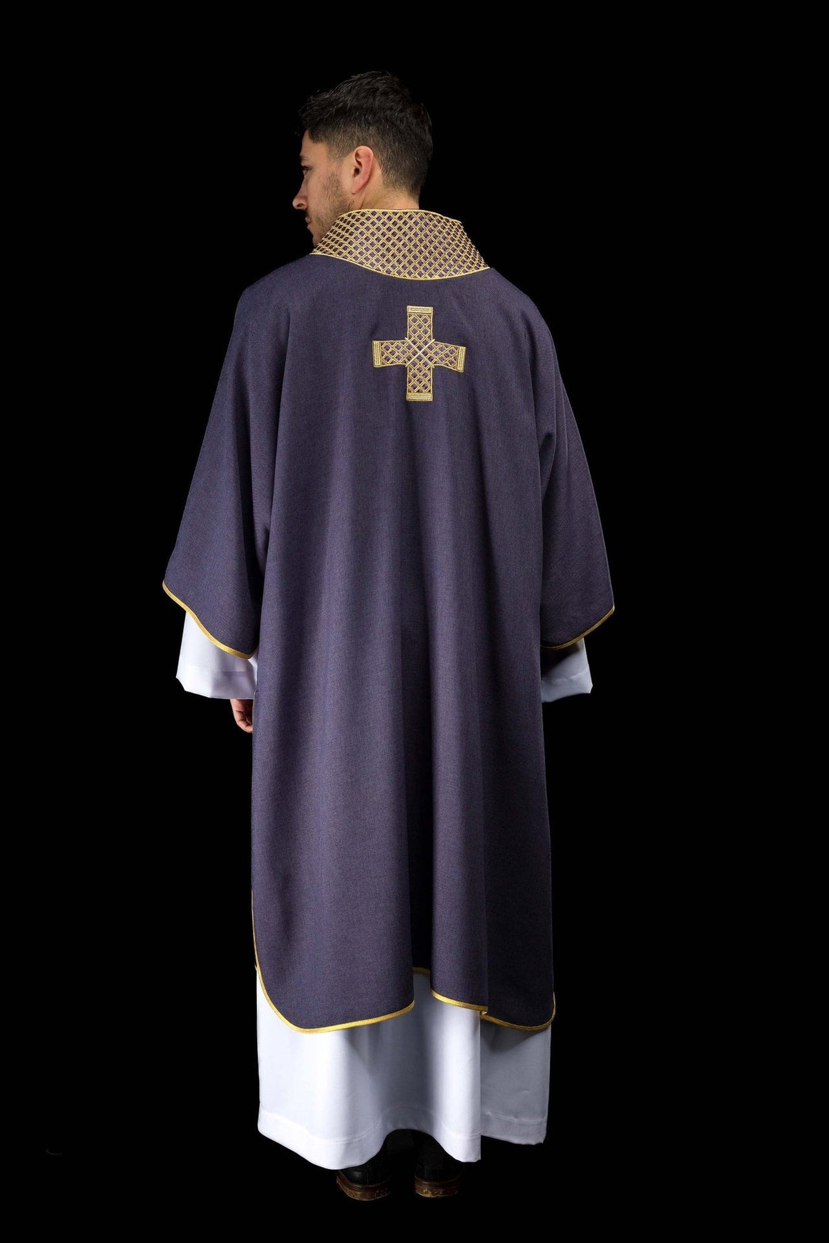 Purple dalmatic back view with gold cross and embroidered collar