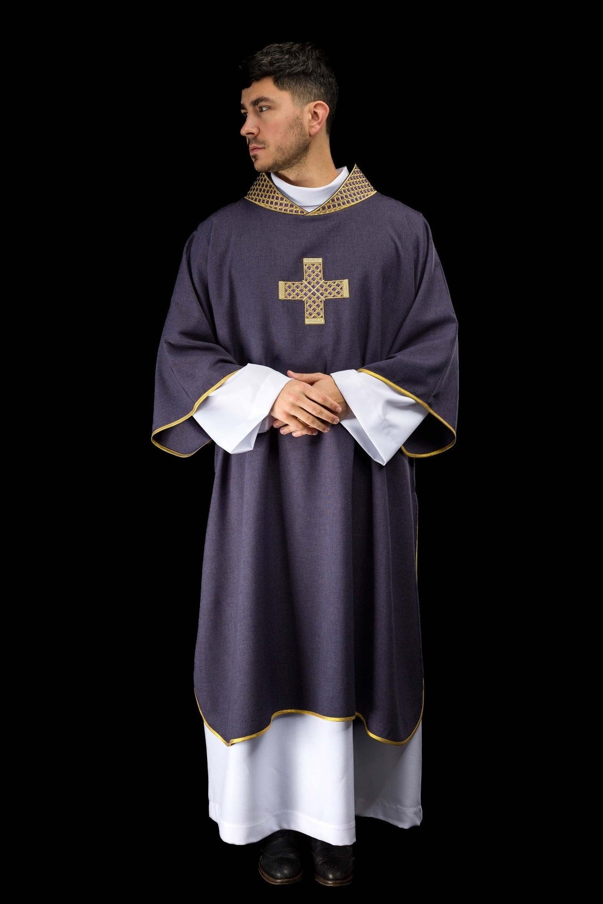 Purple dalmatic front view with embroidered gold collar and cross