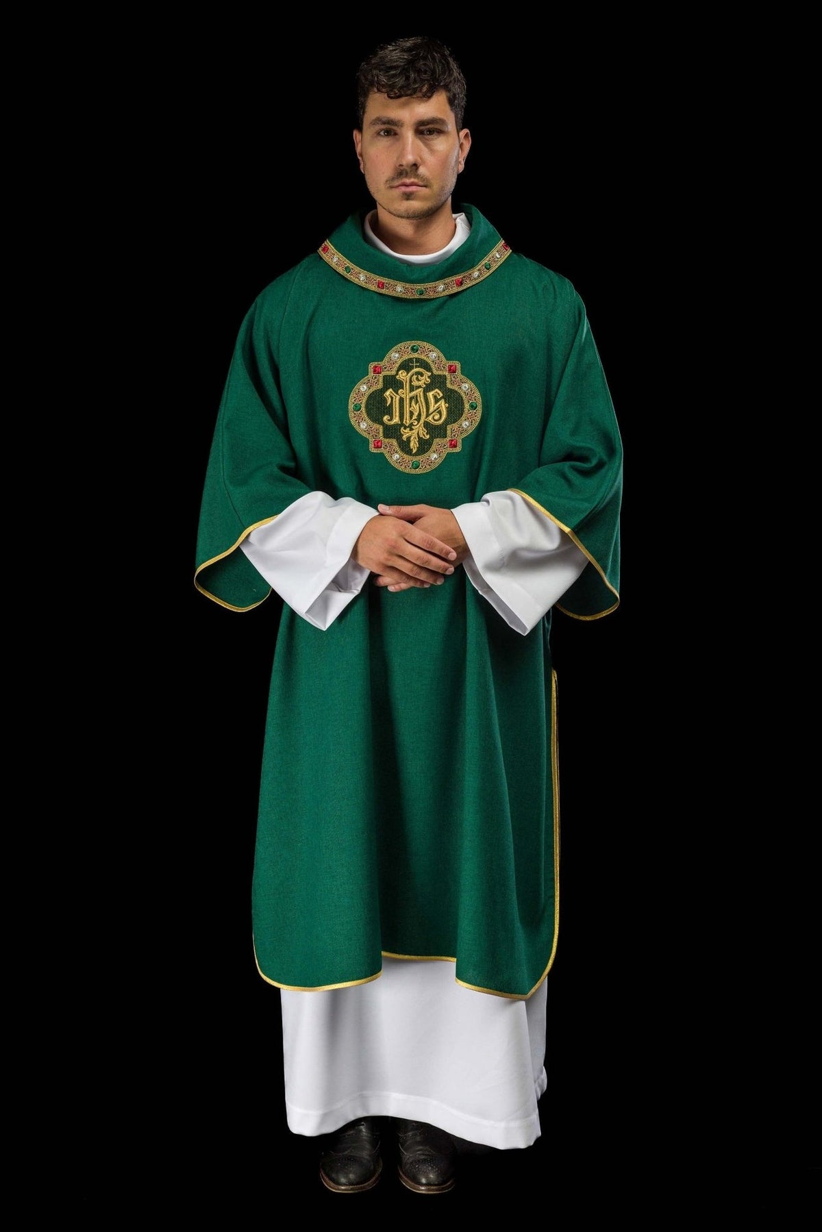 Green dalmatic, full front view with gold trim and embroidered IHS symbol