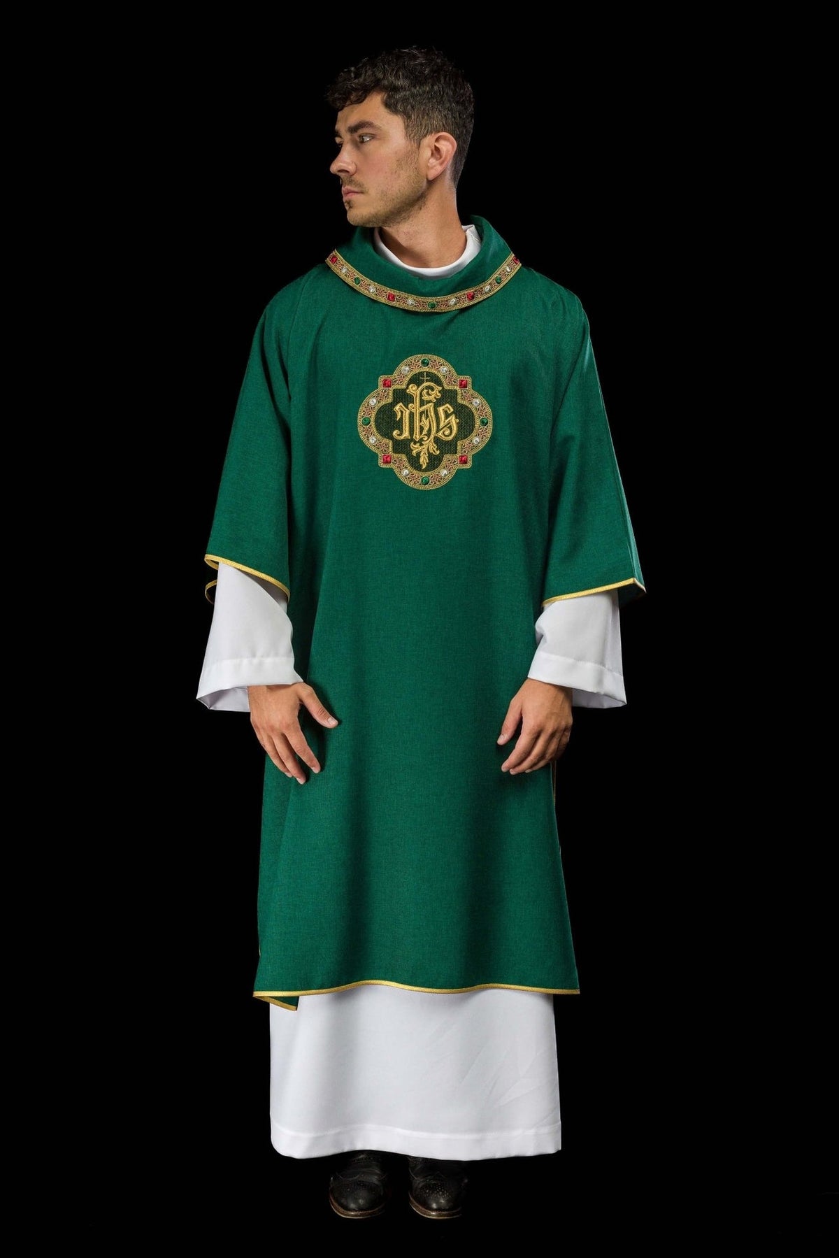 Green dalmatic, side-front view with embroidered IHS symbol and gold trim