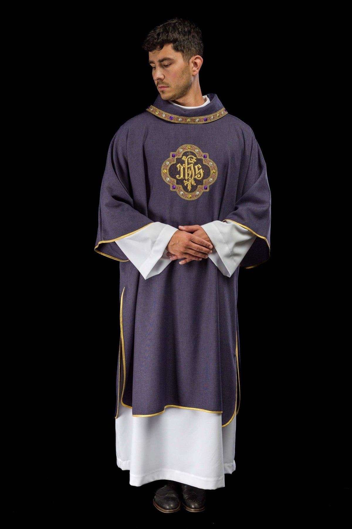 Purple dalmatic full front view with embroidered IHS symbol and gold trim