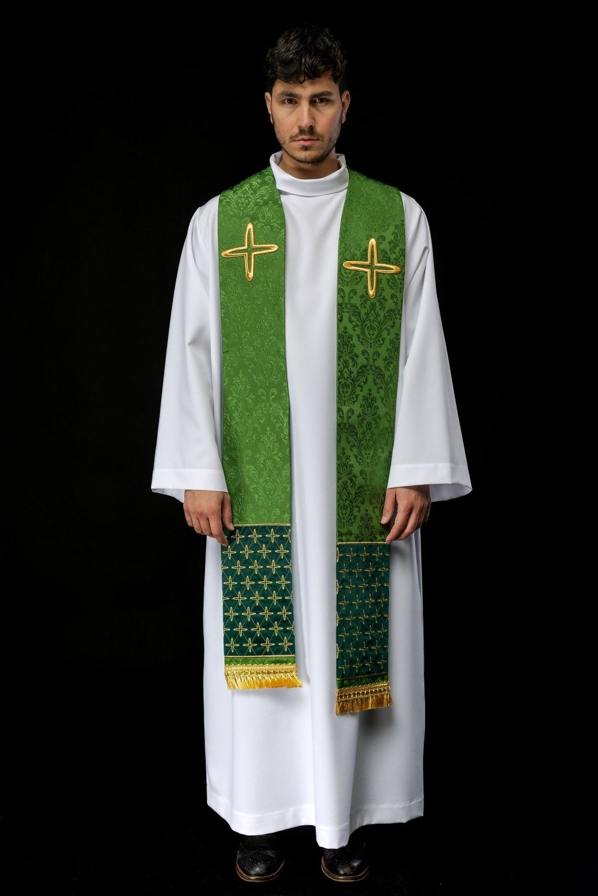 Green embroidered jacquard stole, full front view with cross motifs and gold fringe