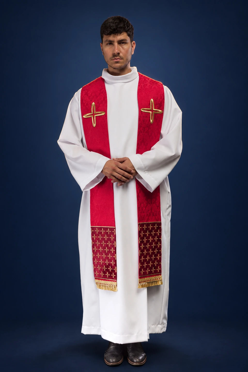 Red Embroidered Jacquard Stole with Cross Motifs worn front view with gold cross embroidery and fringe