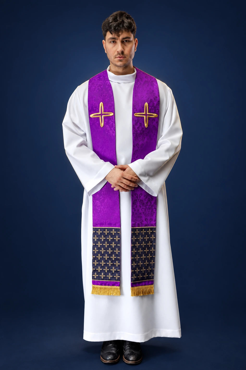 Purple Embroidered Jacquard Stole with Cross Motifs worn, showing purple fabric, gold cross embroidery and patterned ends
