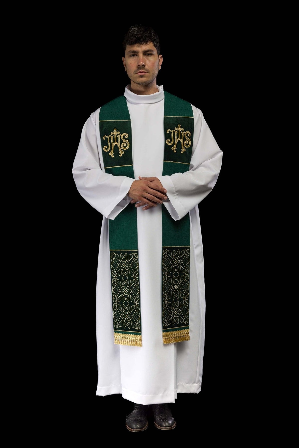 Green velvet stole worn full front view with IHS and geometric embroidery