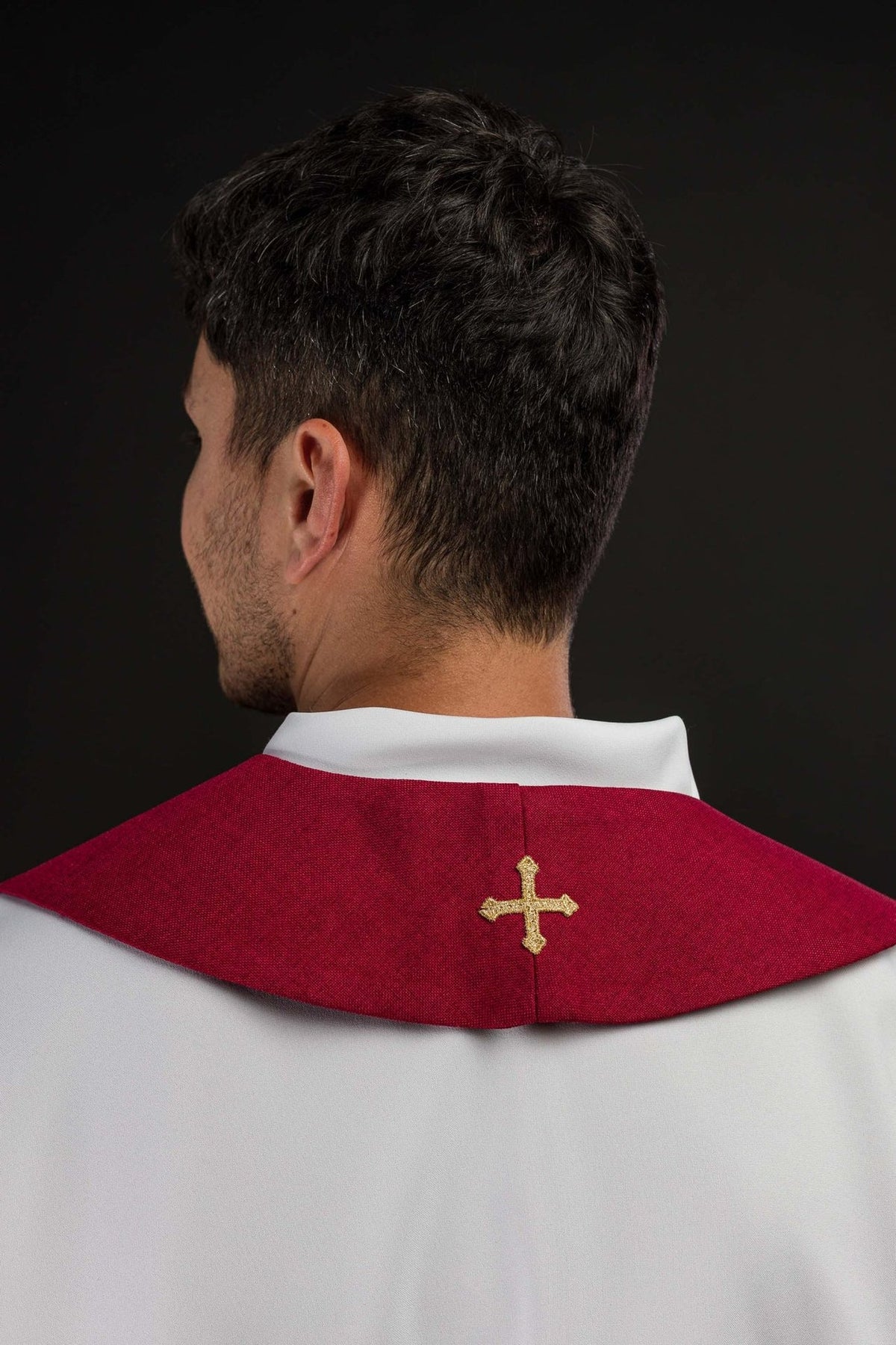 Red velvet stole, back view with small gold cross embroidery