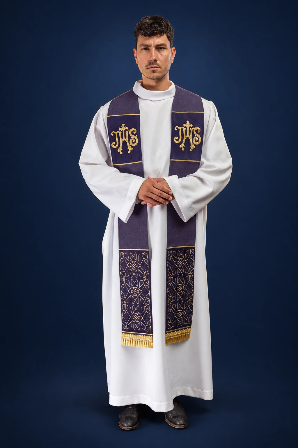 Purple Velvet Embroidered Stole with IHS Motif, front view worn with gold embroidery and fringe
