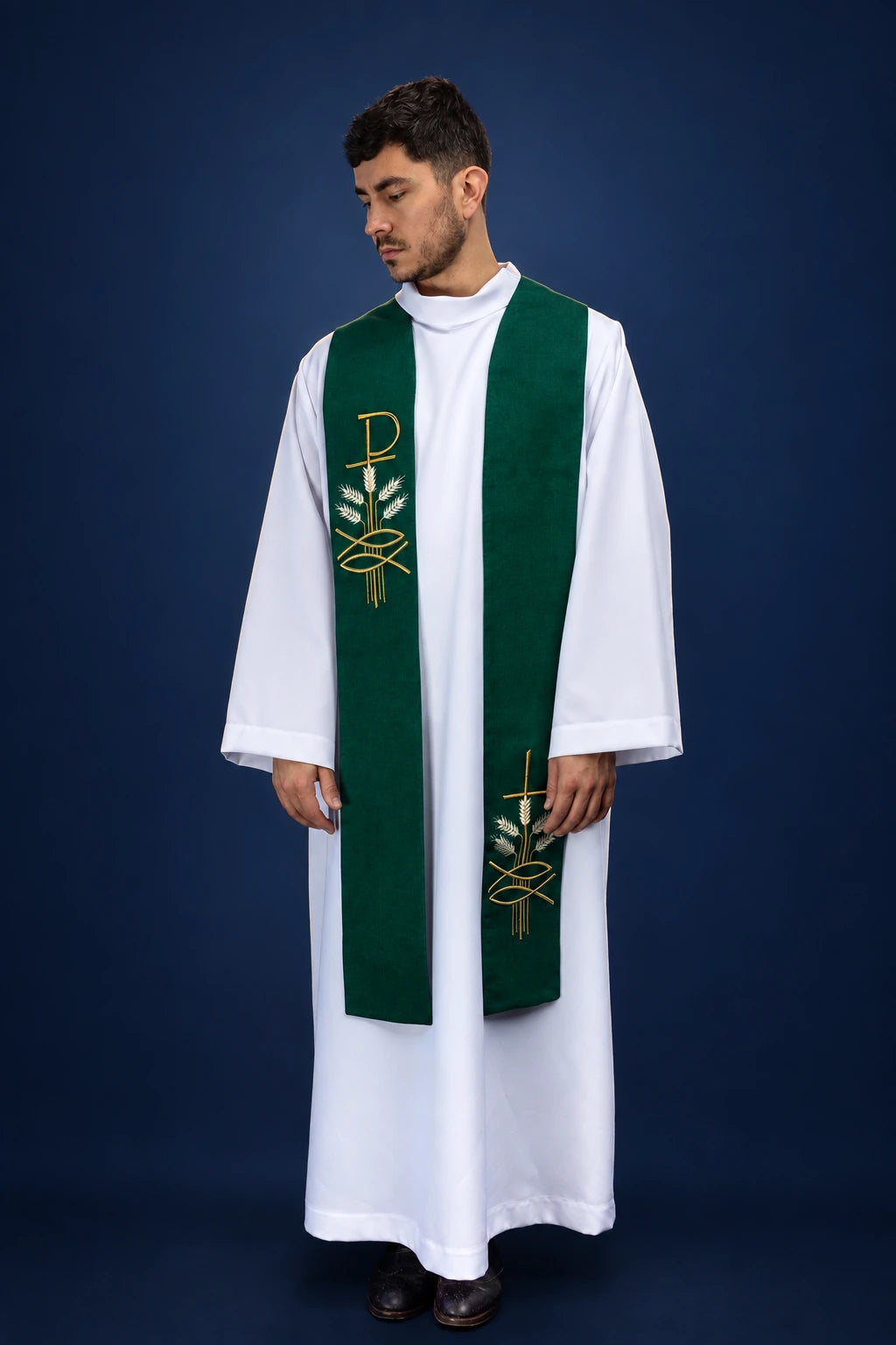Green Embroidered Catholic Stole with Pax, Fish, and Wheat worn front view