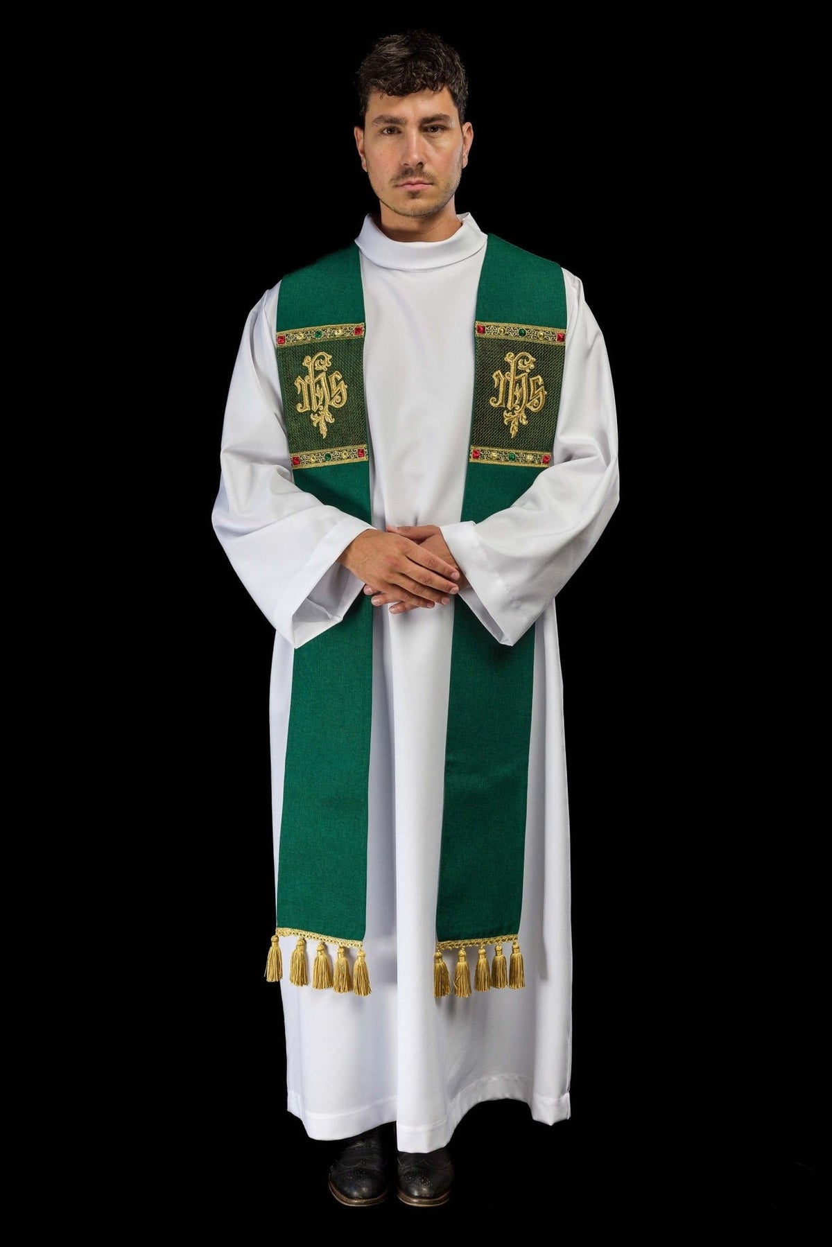 Green stole front view worn with IHS embroidery and gold fringe