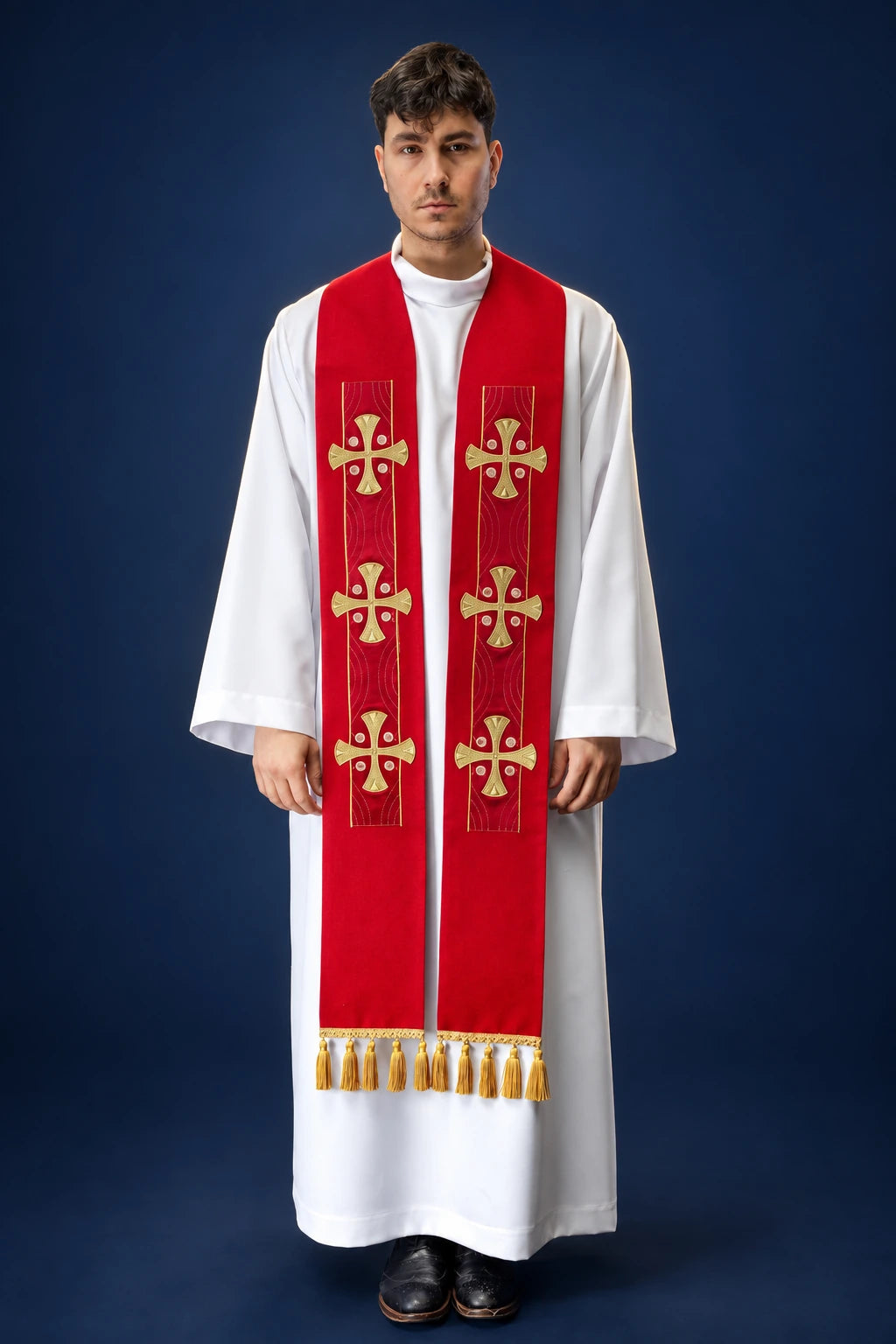 Red Embroidered Stole with Crosses worn front view, showing gold cross embroidery and tassel trim