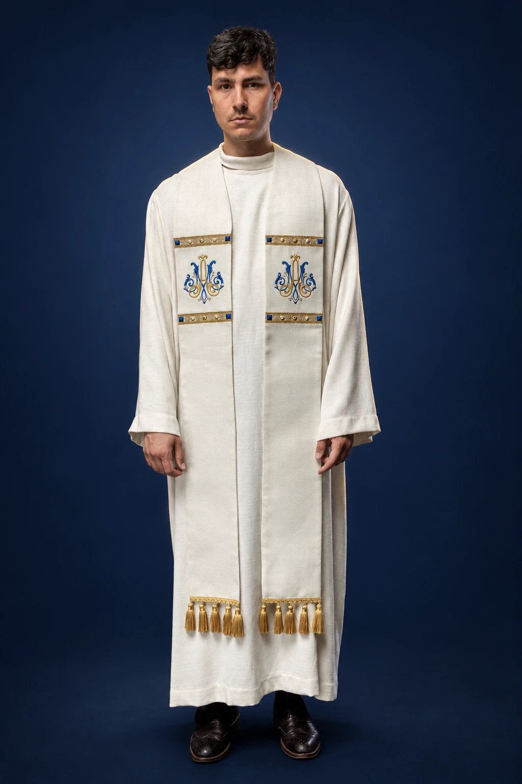Ecru Stole with Gold and Blue Marian Embroidery worn front view with gold tassels