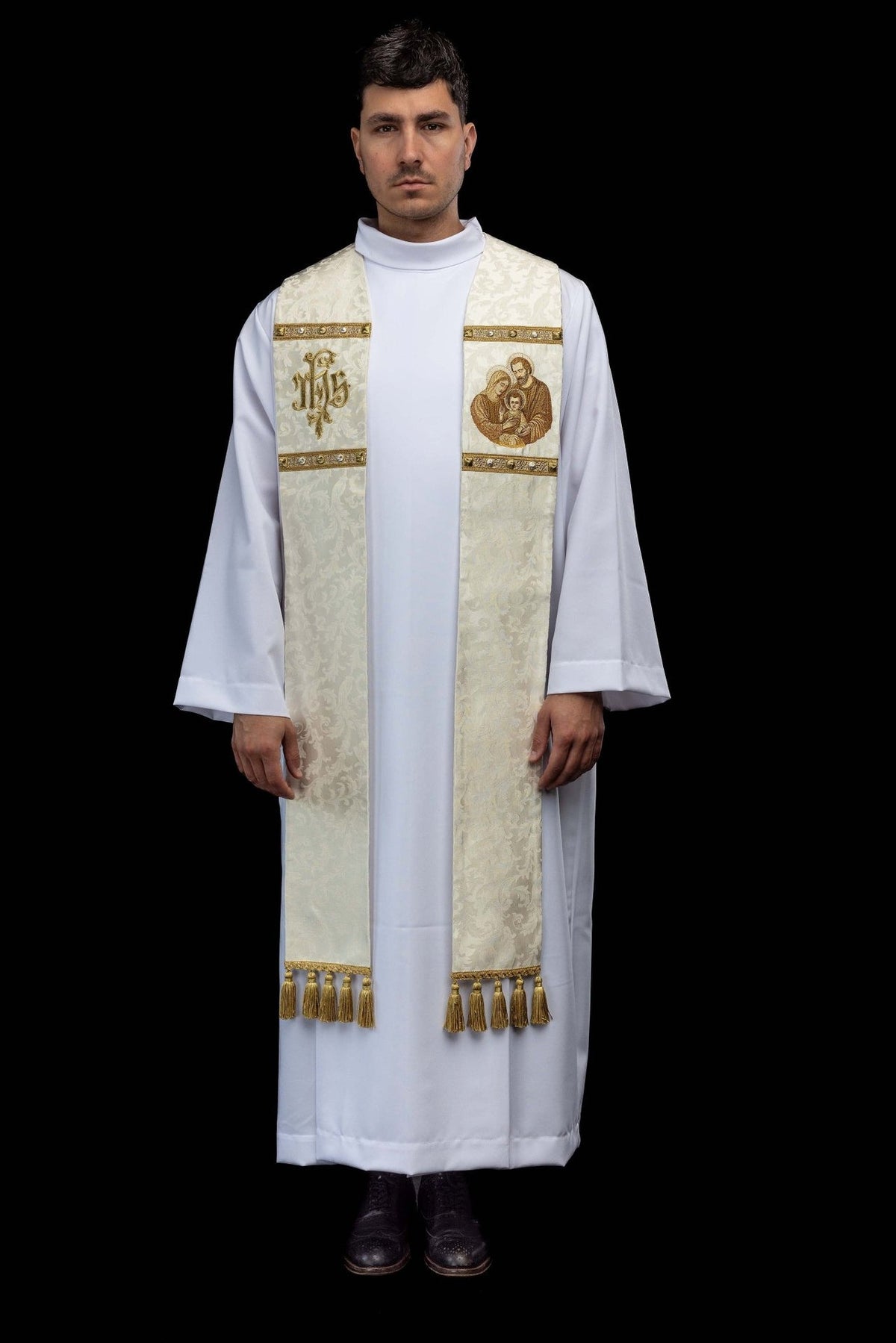 Holy Family stole worn full front, ecru jacquard fabric with gold embroidery and tassels