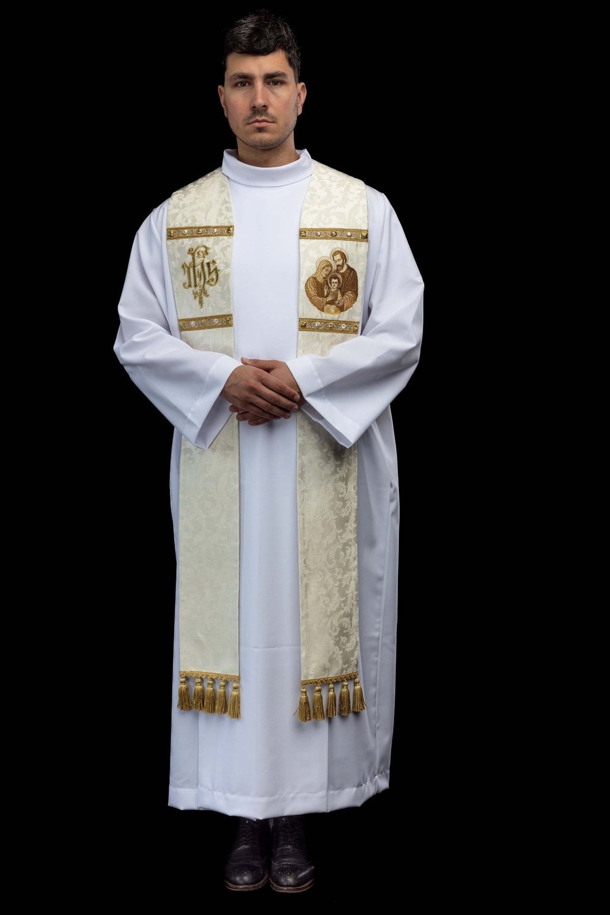 Holy Family stole worn front showing full length, gold trim and tassels