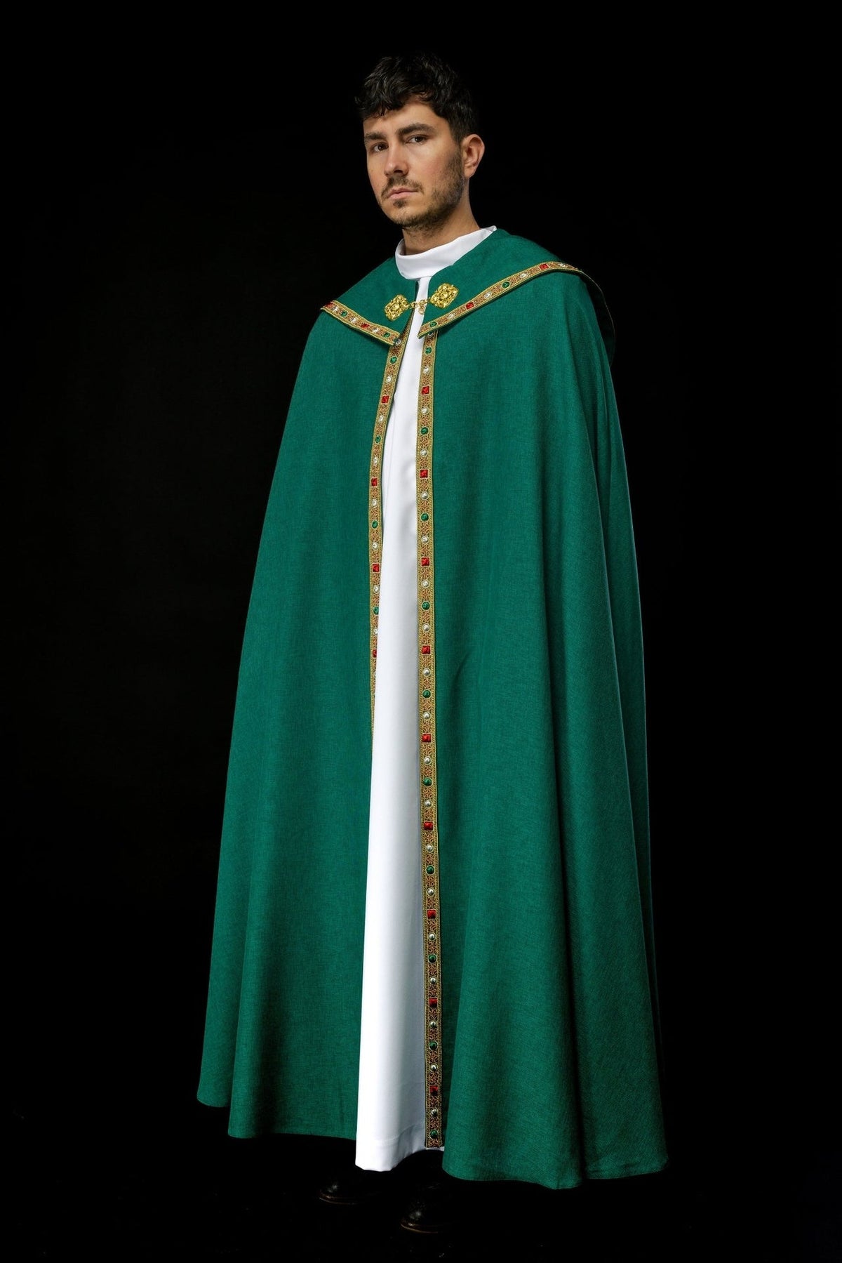 Green cope three-quarter front view with gold trim and clasp
