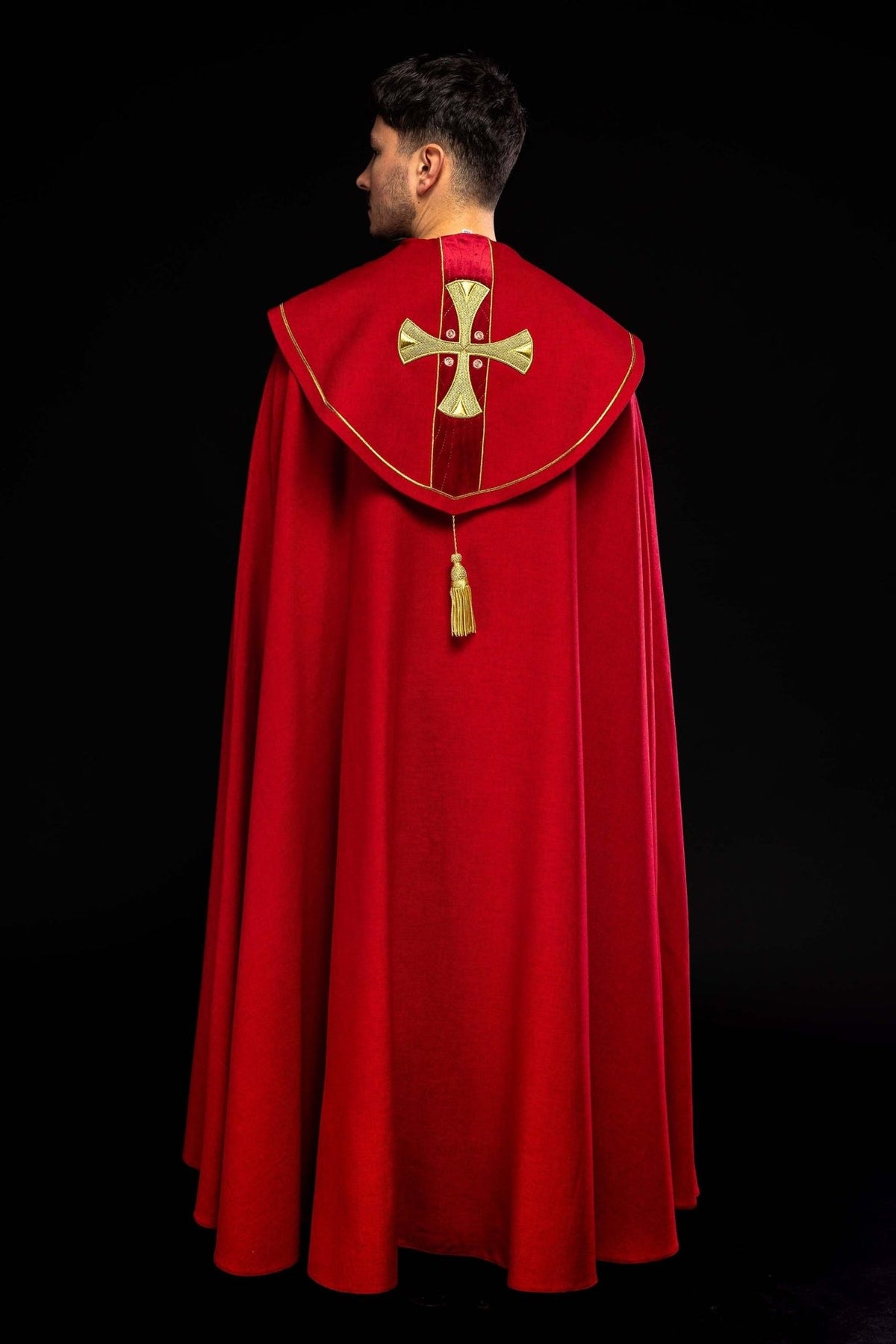 Red velvet cope back view with embroidered gold cross