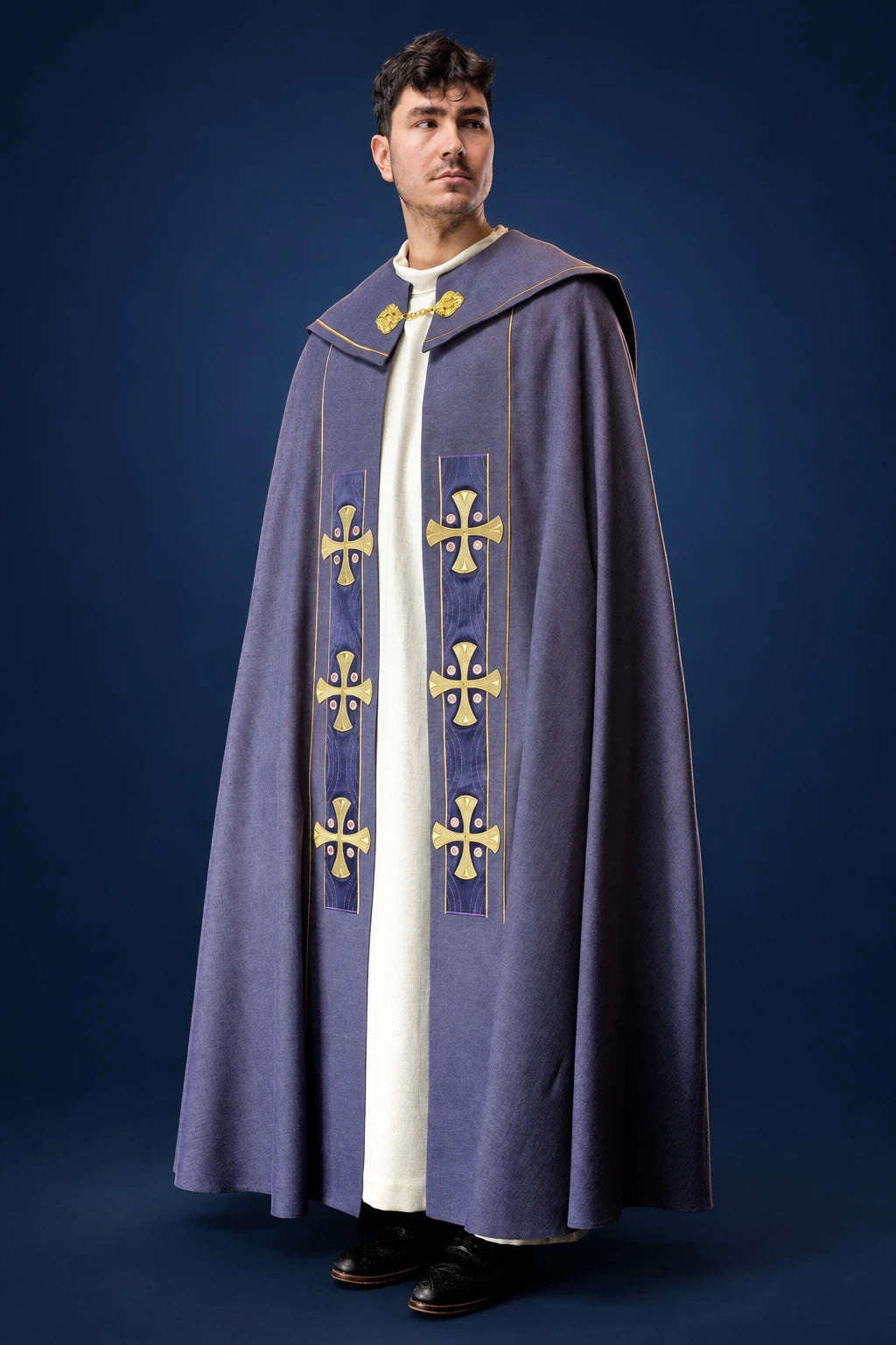 Cope with Embroidered Gold Crosses and Purple Velvet, front view with gold trim