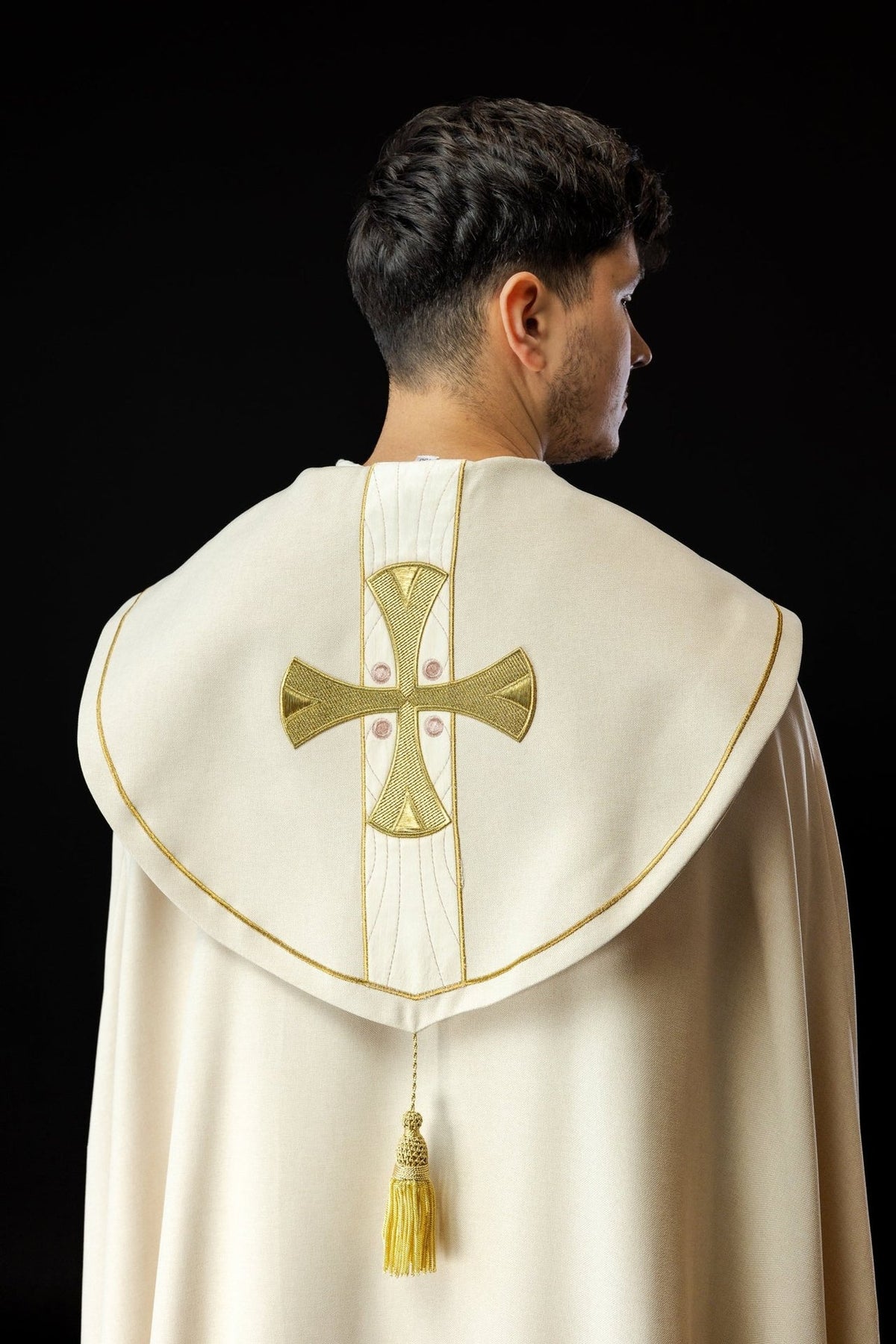 Ecru velvet cope, back view with embroidered gold cross and tassel