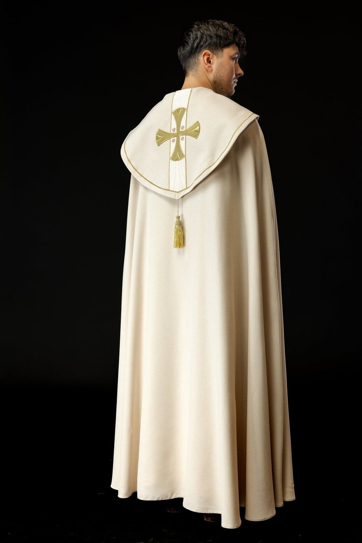 Ecru velvet cope, back view with embroidered gold cross and gold tassel
