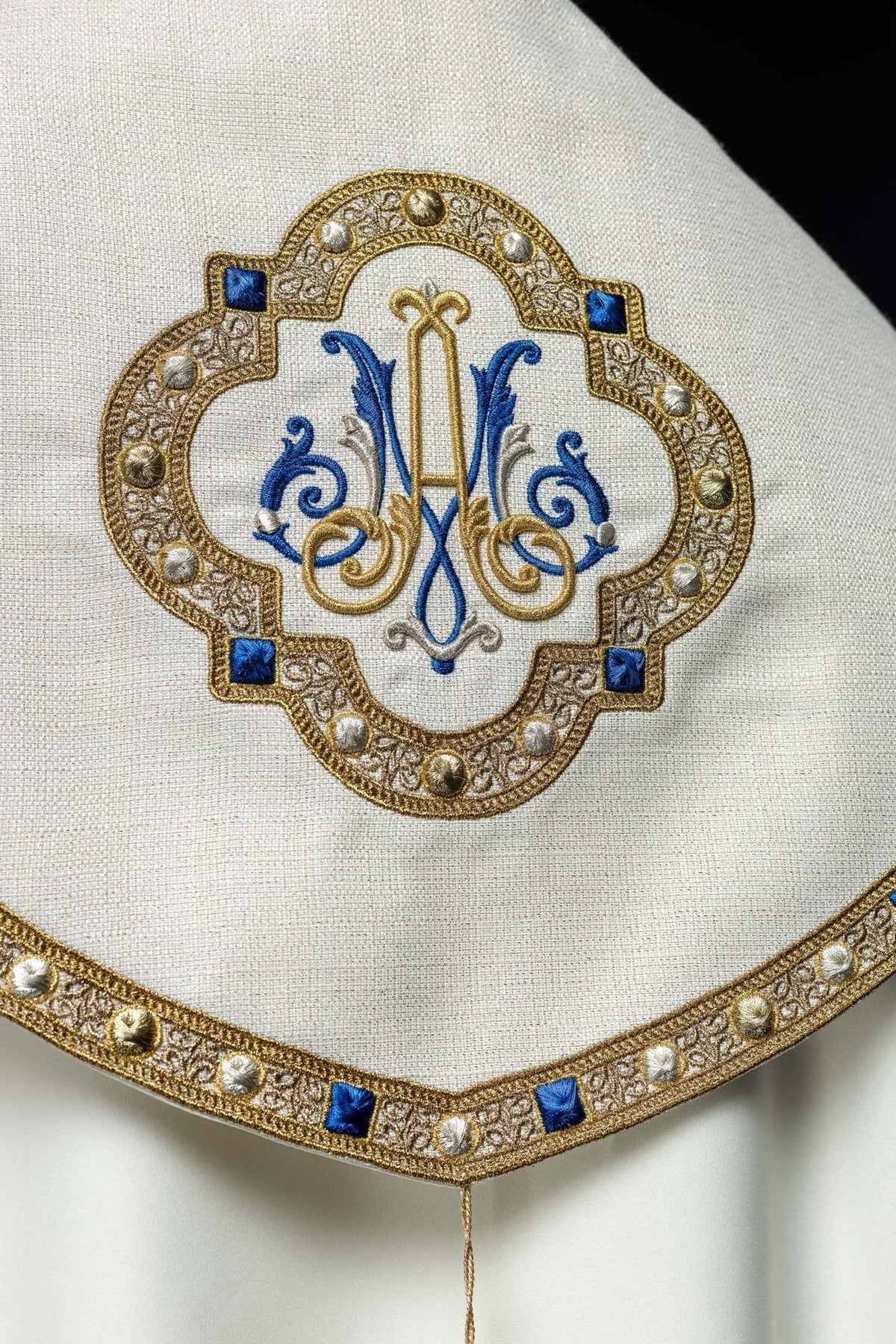 Embroidered cope back detail with Marian monogram embroidery