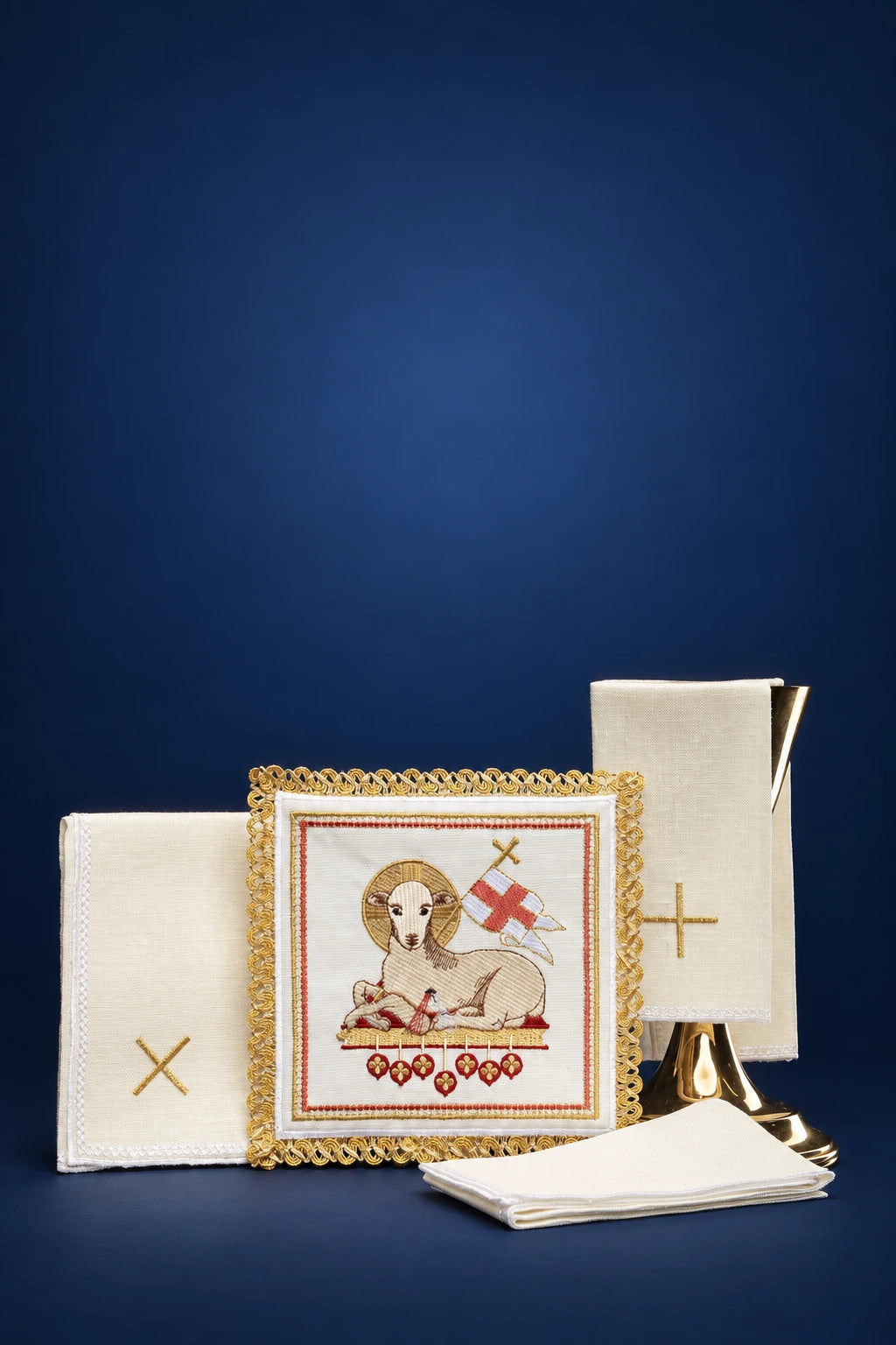 Catholic Altar Linen Set Featuring a Lamb Motif, white linen set with gold cross and lamb embroidery