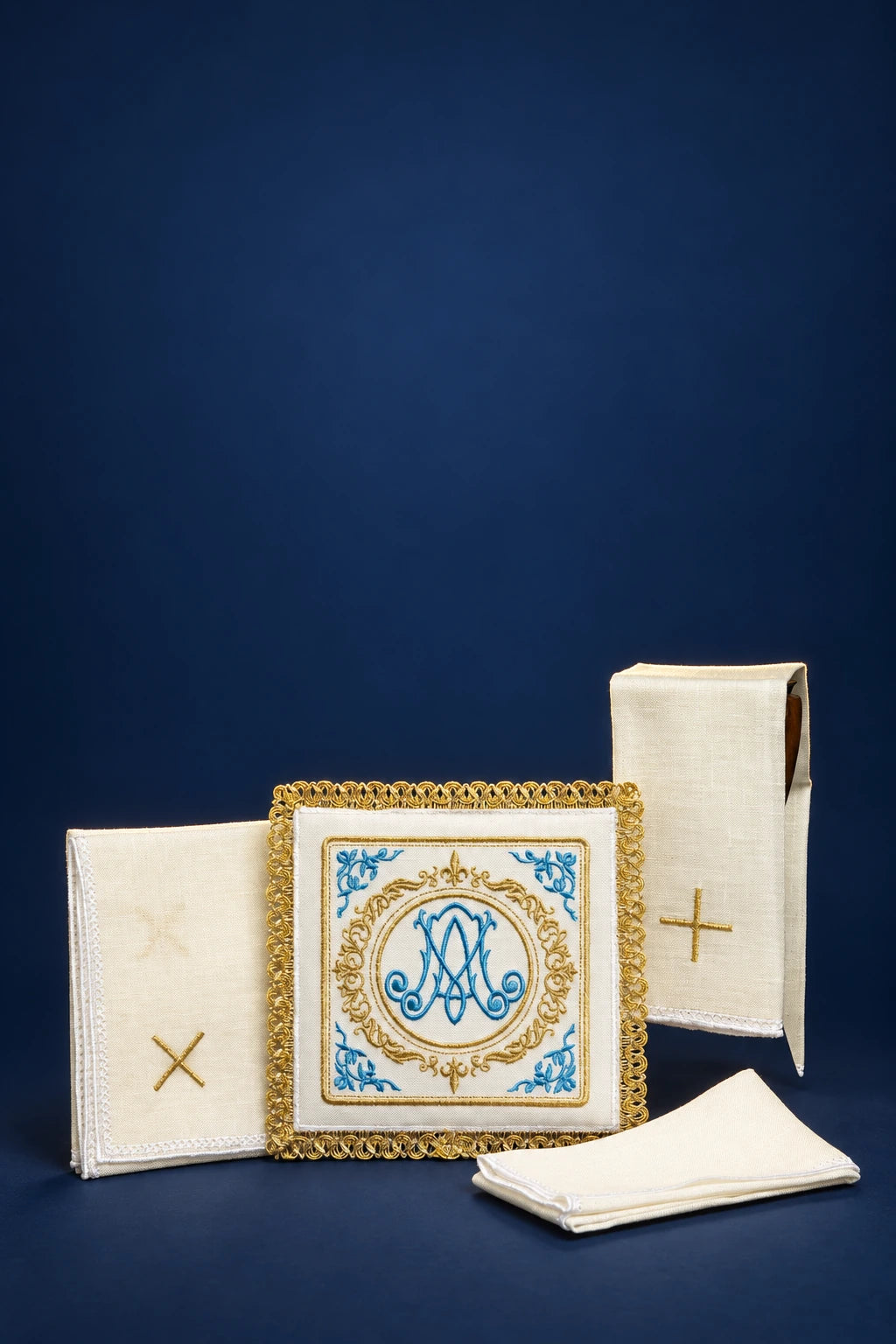 Altar Linen Set Made from Linen Fabric with Marian Motif Embroidery, showing the full white and gold set