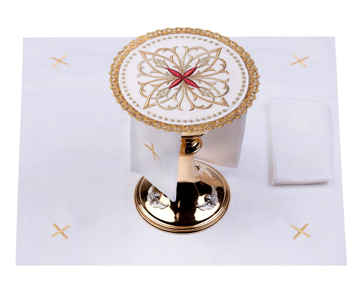 Altar Linen Set with Red Floral Cross Motif on Round Chalice Pall, complete set with gold embroidery