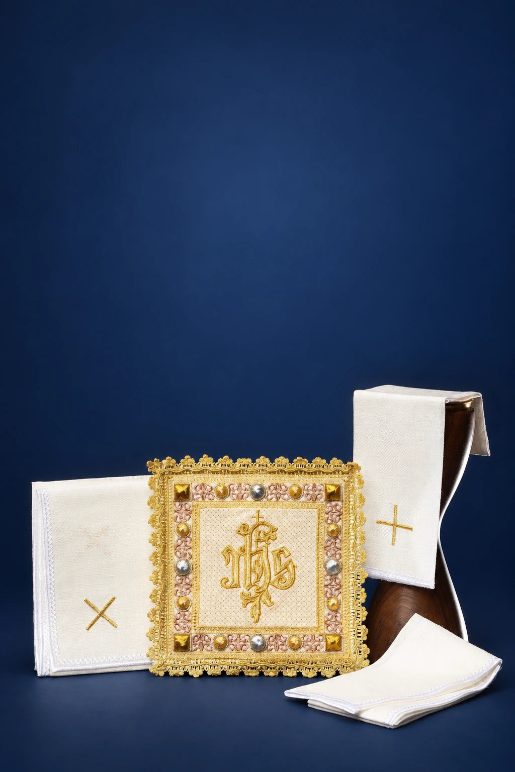 Velvet Ecru Catholic Altar Linen Set with Embroidered IHS Symbol, full set view
