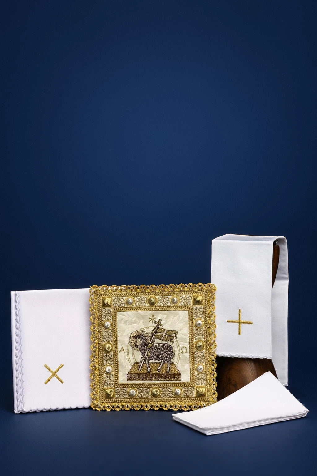 Easter Altar Linen Set with Agnus Dei, white linen pieces with gold Agnus Dei embroidery and crosses