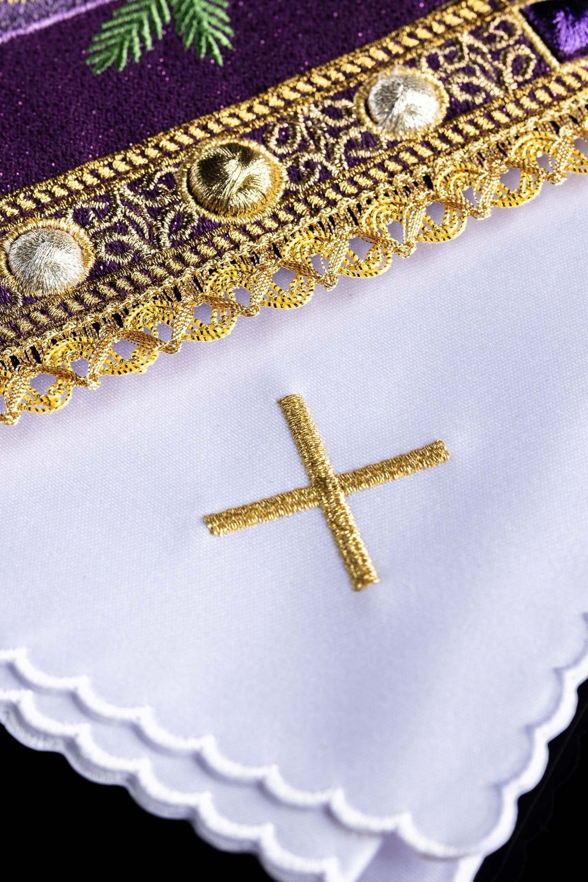 Advent altar linen set detail showing purple candle embroidery, gold border and metallic accents