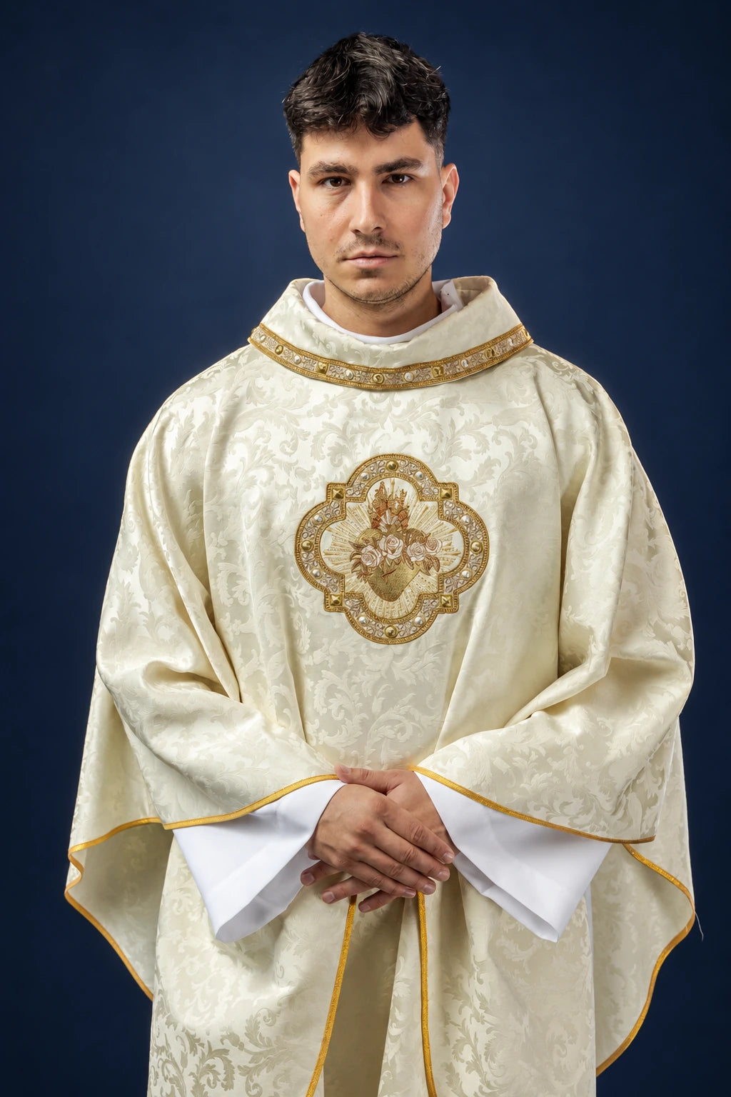Embroidered Jacquard Chasuble with Heart of Mary Motif in ecru, front view with gold trim