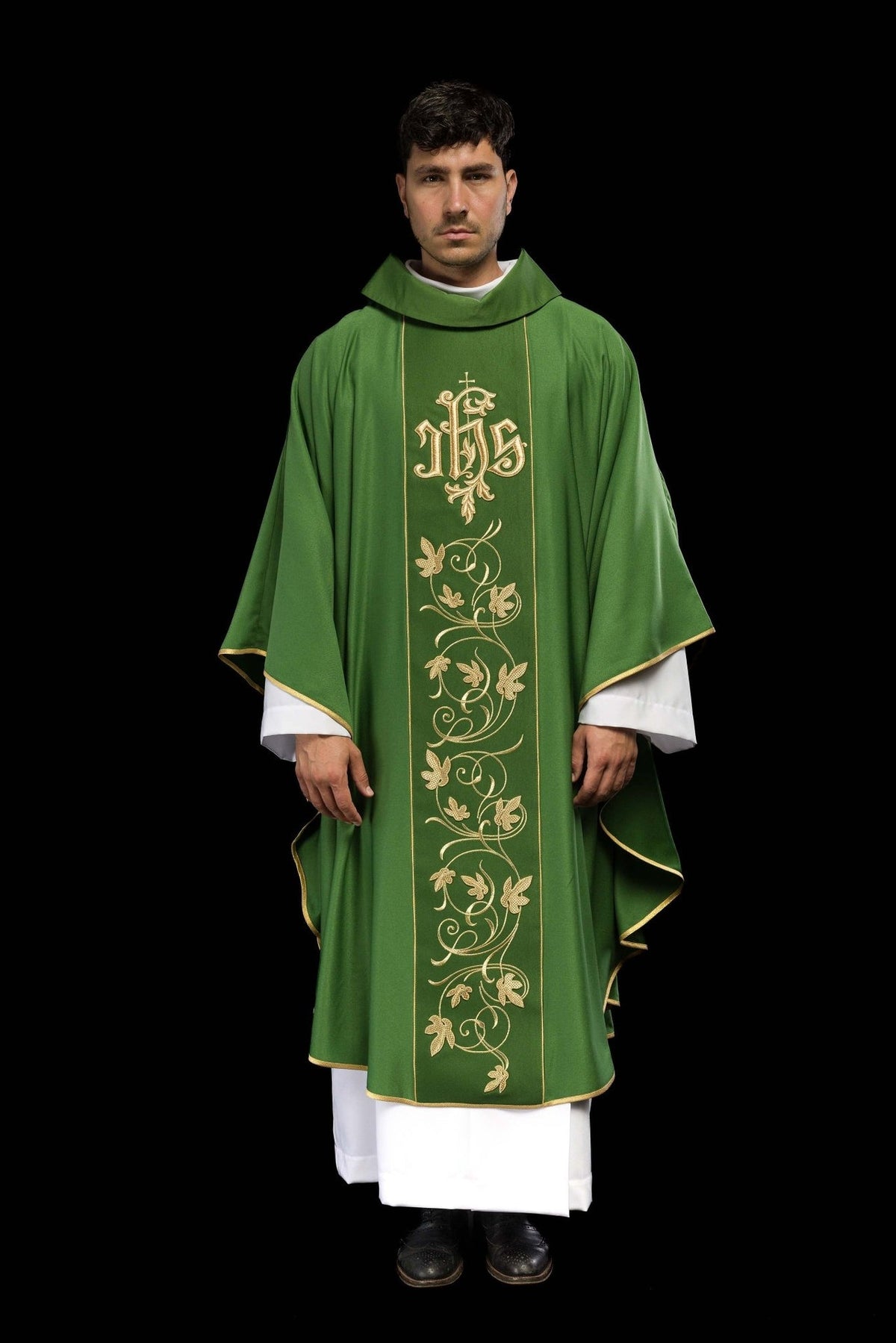 Green chasuble, full front view with gold IHS and floral embroidery