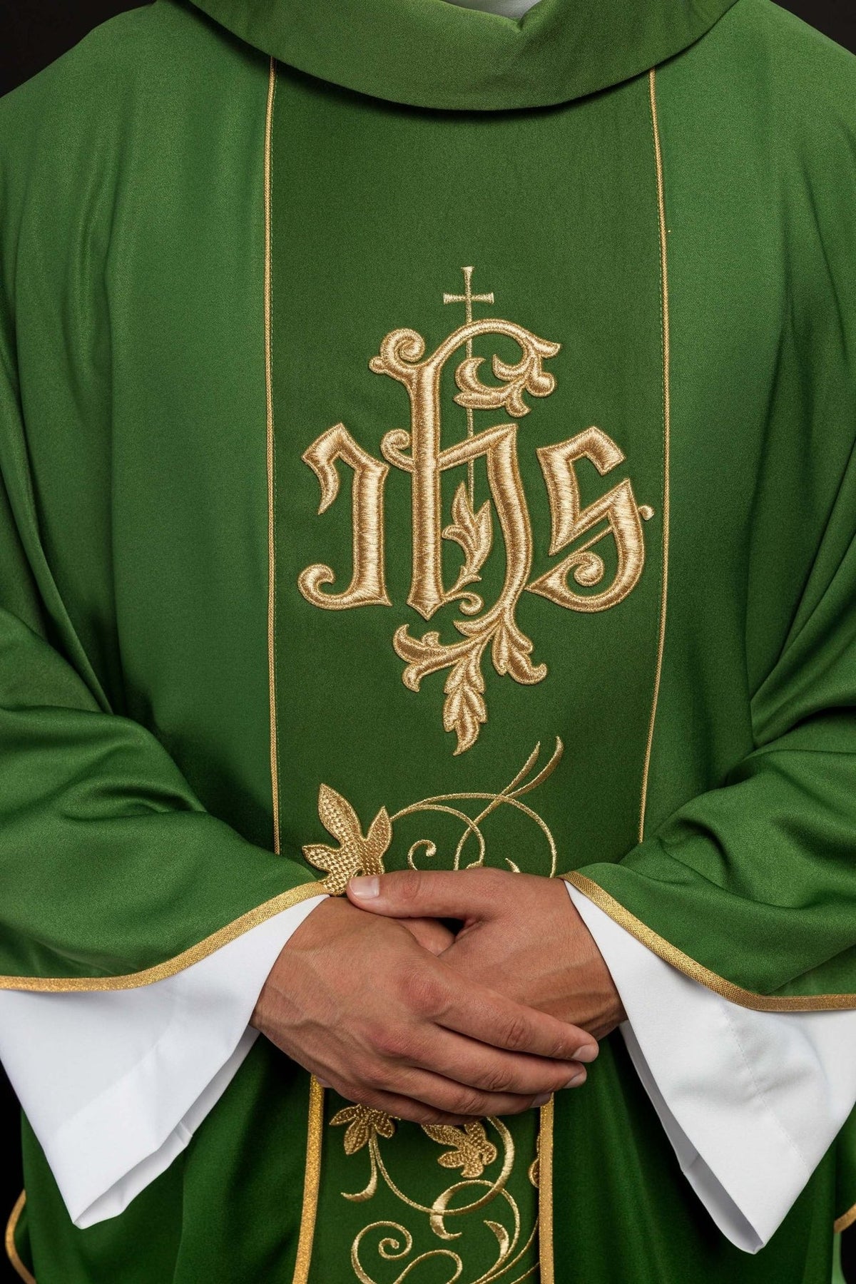 Green chasuble, close-up of gold IHS embroidery on the floral orphrey