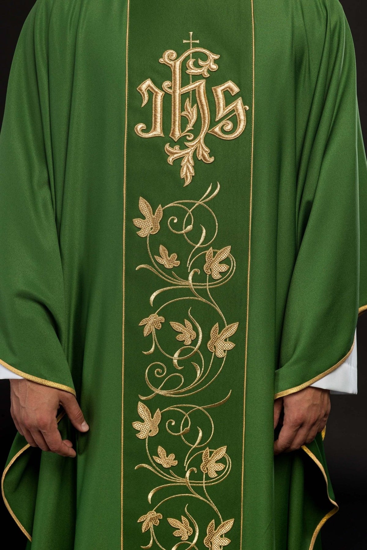 Green chasuble, front close-up showing floral orphrey embroidery