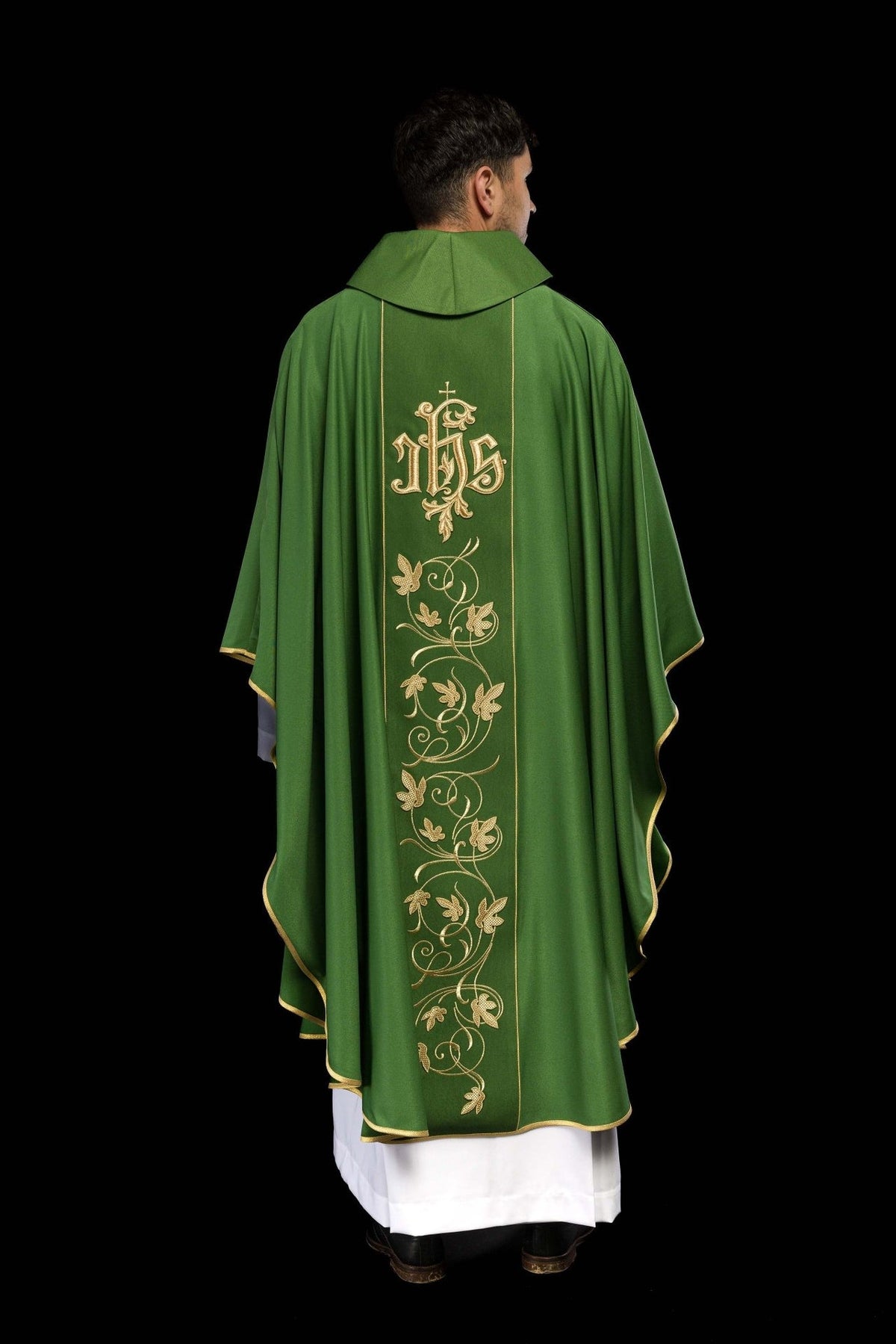 Green chasuble, three-quarter back view with embroidered orphrey