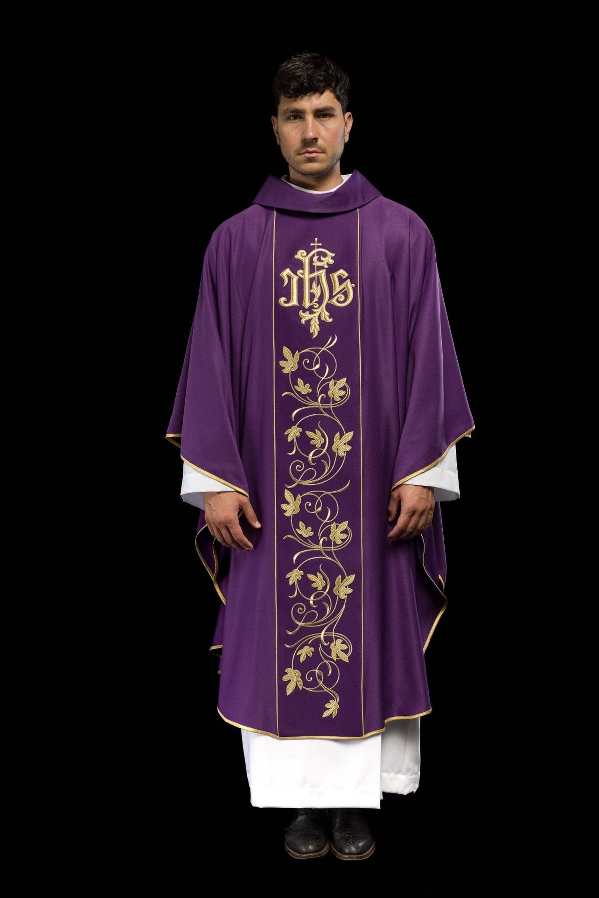 Purple chasuble, full front view with gold IHS and floral orphrey