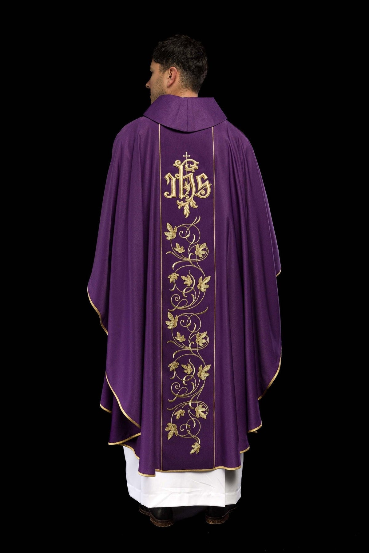 Purple chasuble, full back view with continuous gold floral orphrey